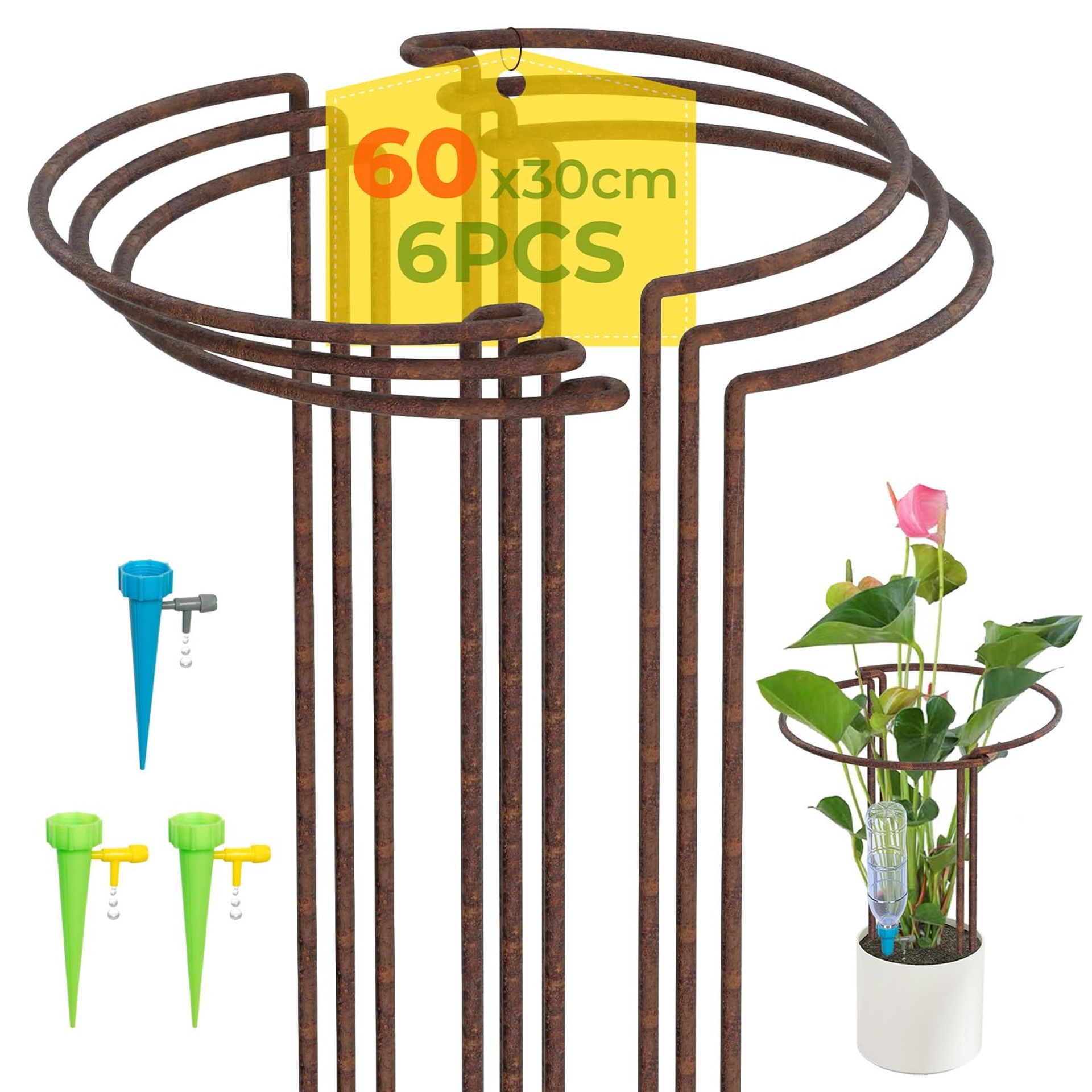 6 Pack 60cm Rusty Metal Garden Plant Support Stakes - Strong Half Round F