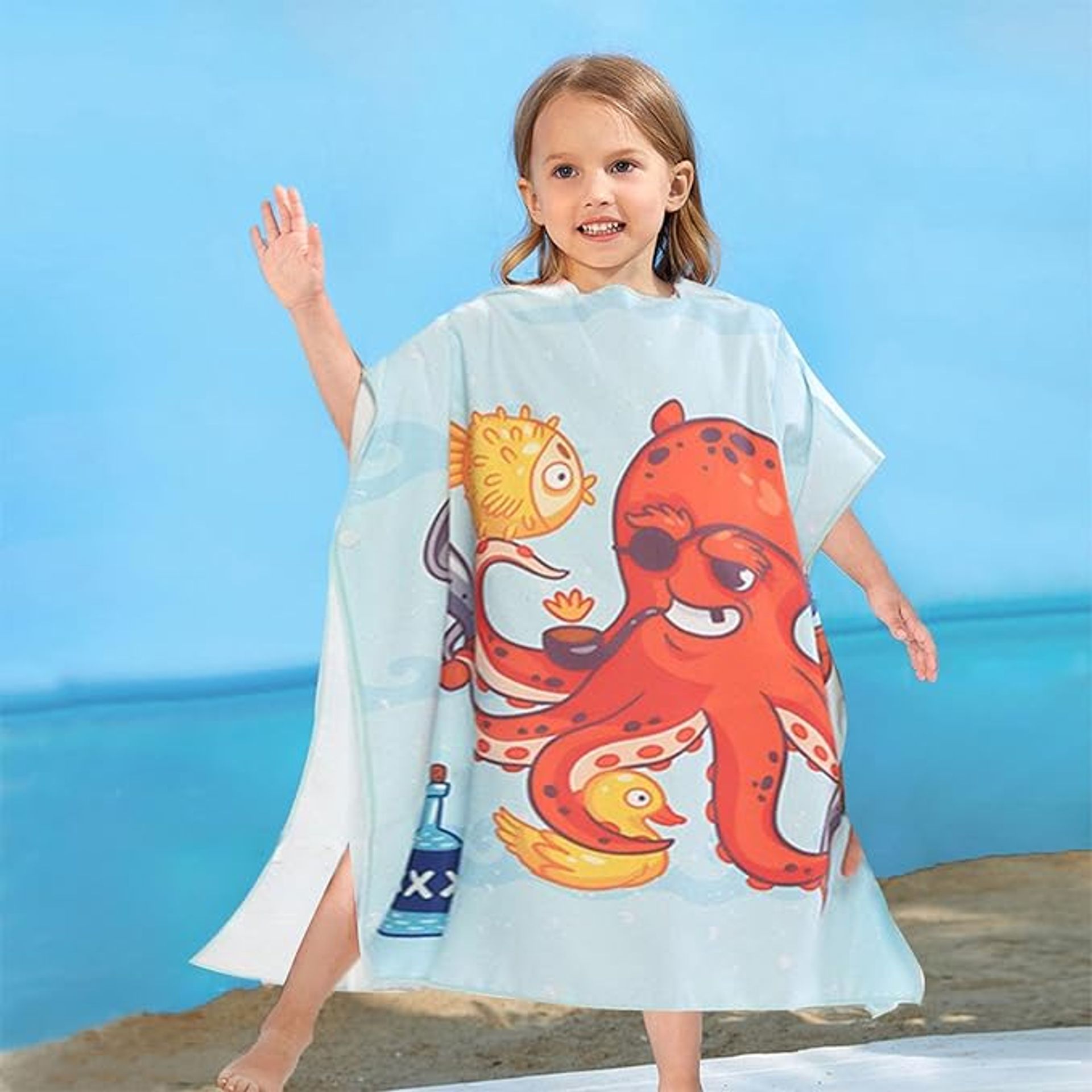 Octopus Hooded Kids Poncho Towel, 60x90cm Microfibre, Sand-Free Quick Dry, Age 2-6