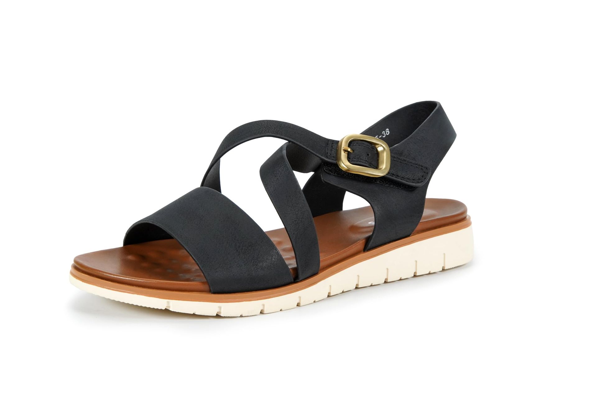 Women's Leather Flat Sandals Adjustable Strap Open-Toe Summer Footwear - Black UK 5
