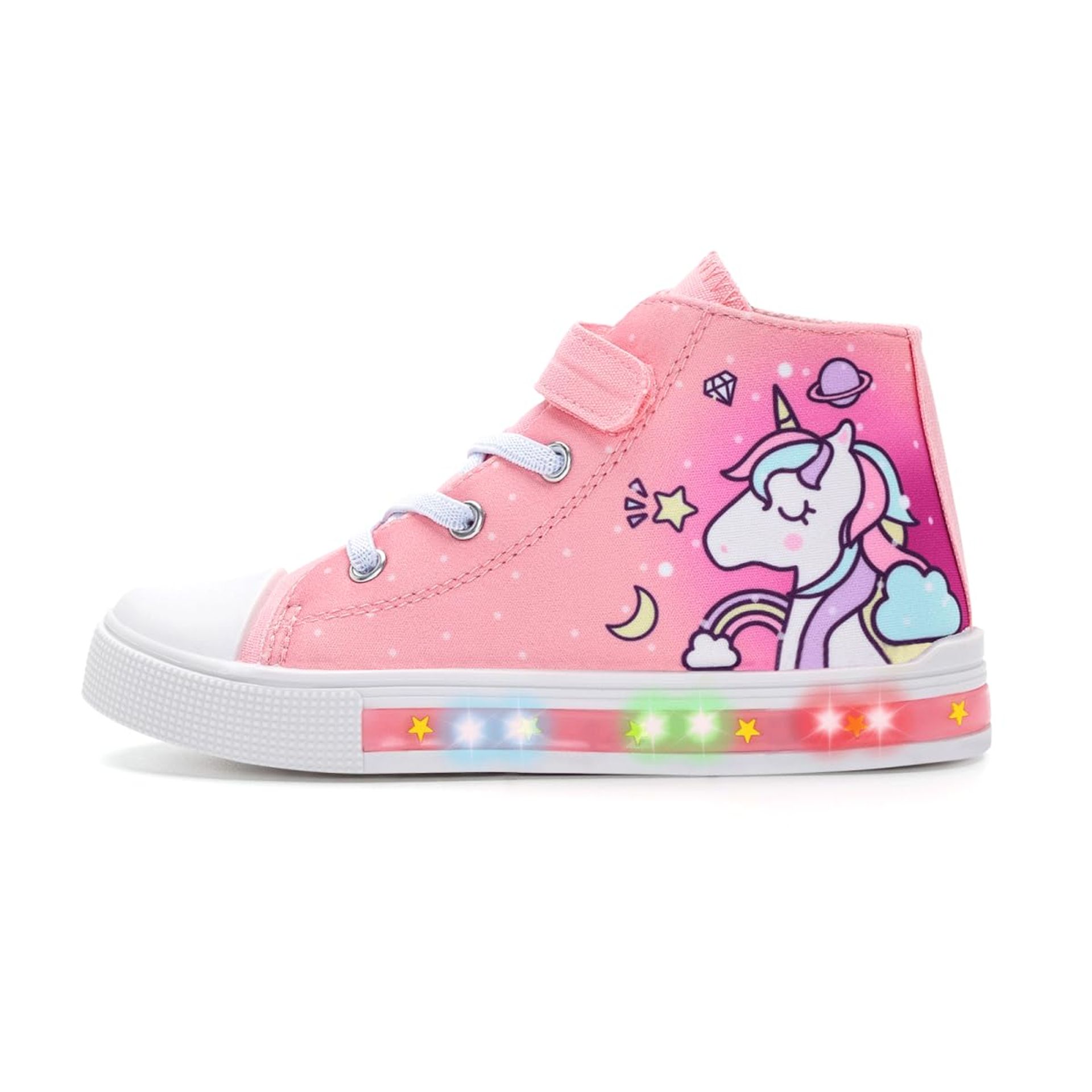 Kids Light Up Trainers High Top Flashing Sneakers Easy On Canvas Shoes Unicorn Design - Purple Unicorn Size 2 UK