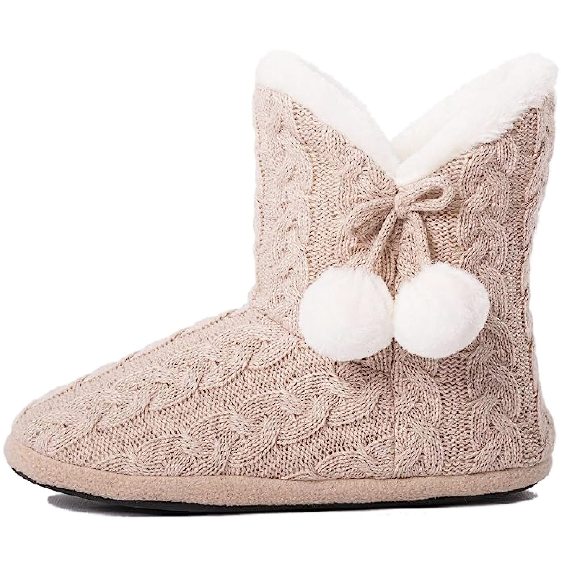 Women's Faux Fur Lined Slipper Boots with Pom Poms, Non-Slip Sole, Beige, Size 5/6 UK