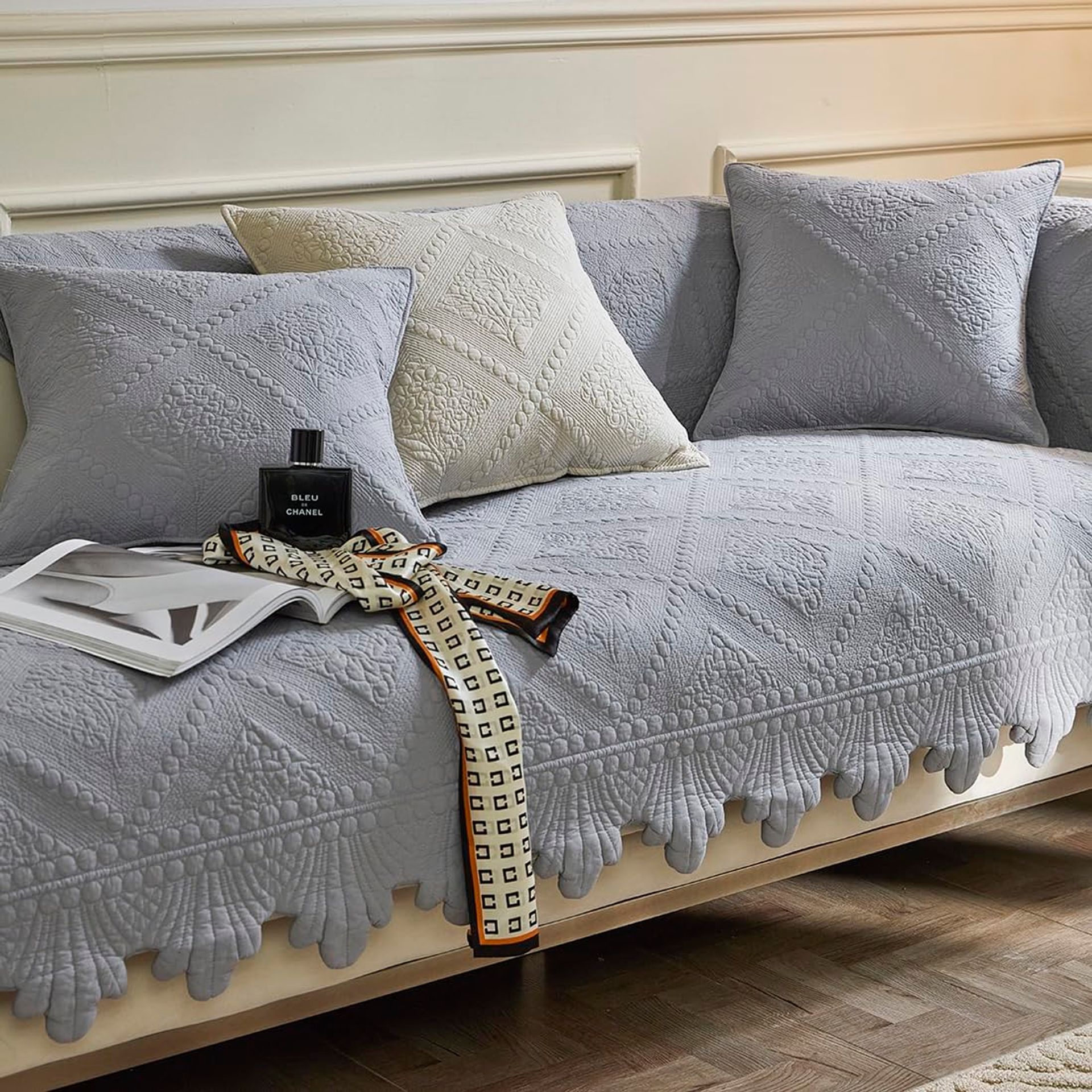 Thick Quilted Sofa Cover Non-Slip Fuzzy Furniture Protector for 1 2 3 Seater - Grey 90x240cm