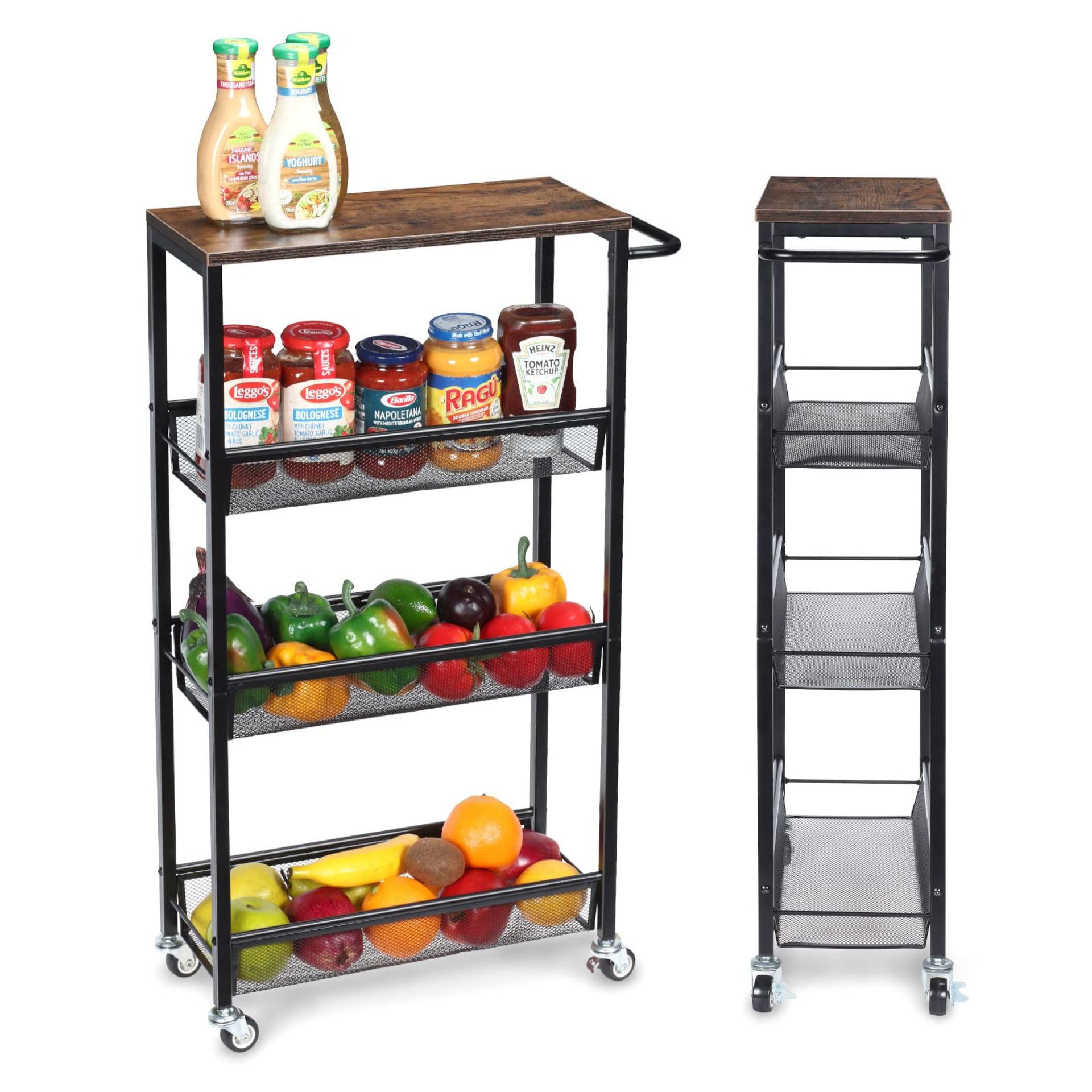 4-Tier Slim Storage Trolley Cart with Wheels Mesh Basket Shelves for Kitchen Bathroom Office - Blackone 50 x 80 cm