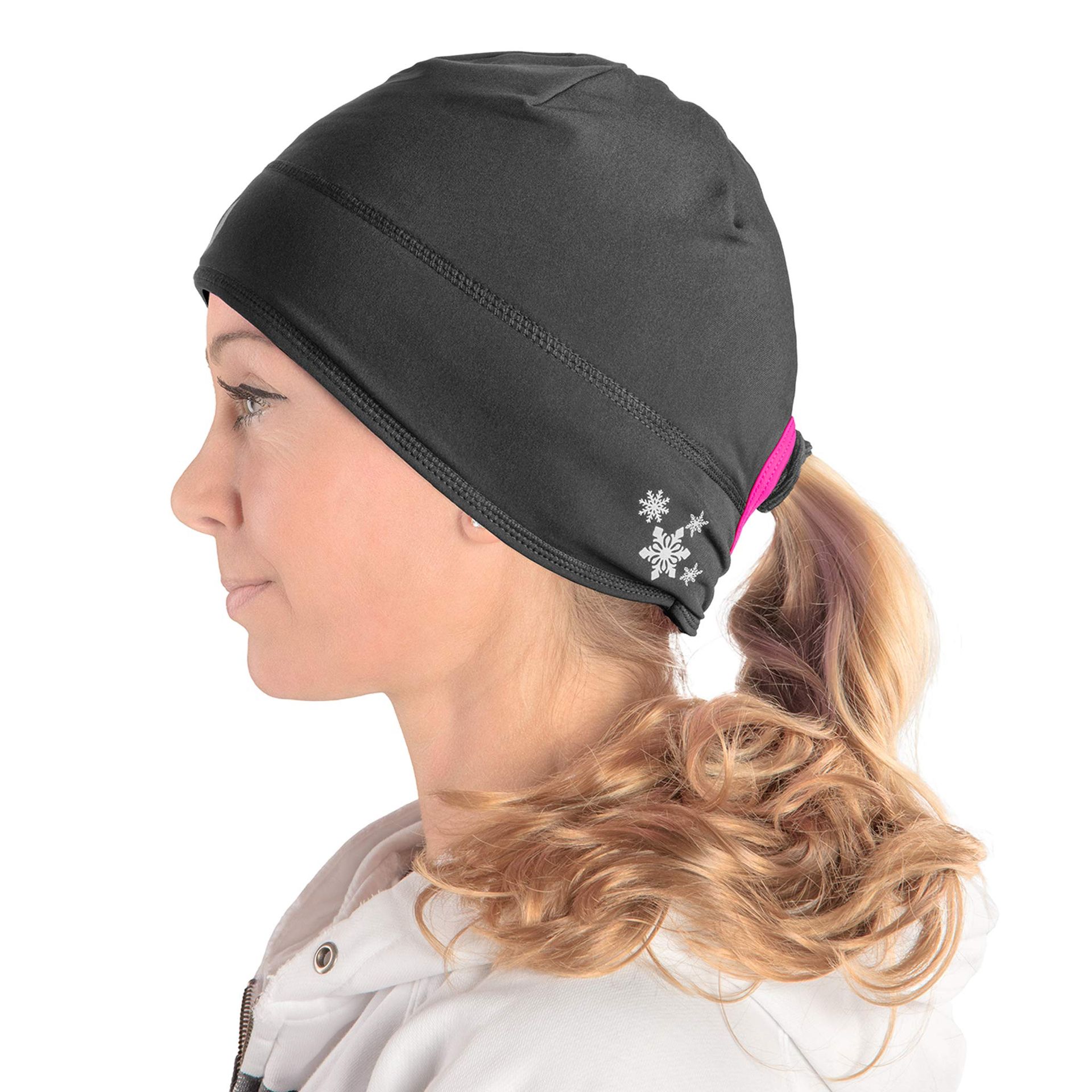 Women's Running Beanie Hat with Ponytail Hole Reflective Microfleece - Black/Bright Rose One Size