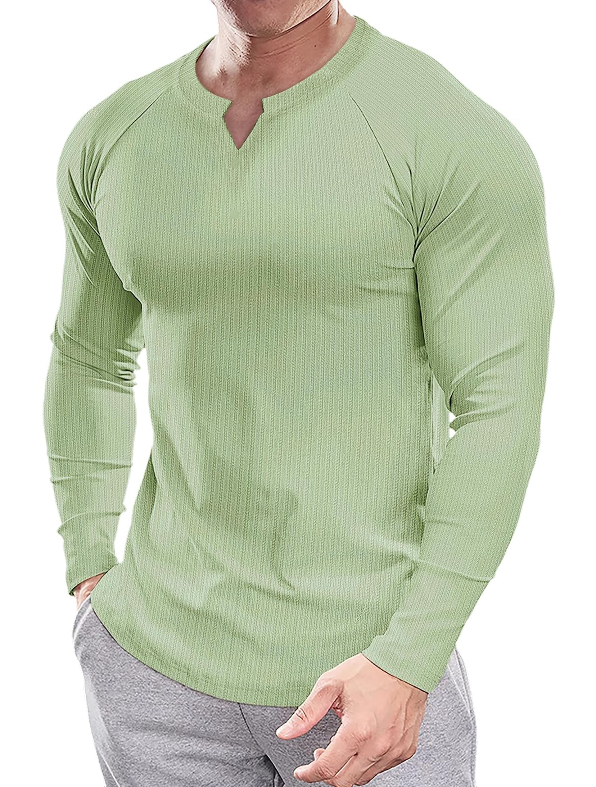 Men's Slim Fit V-Neck Henley Shirt Casual Long Sleeve Waffle Knit Top - Green M