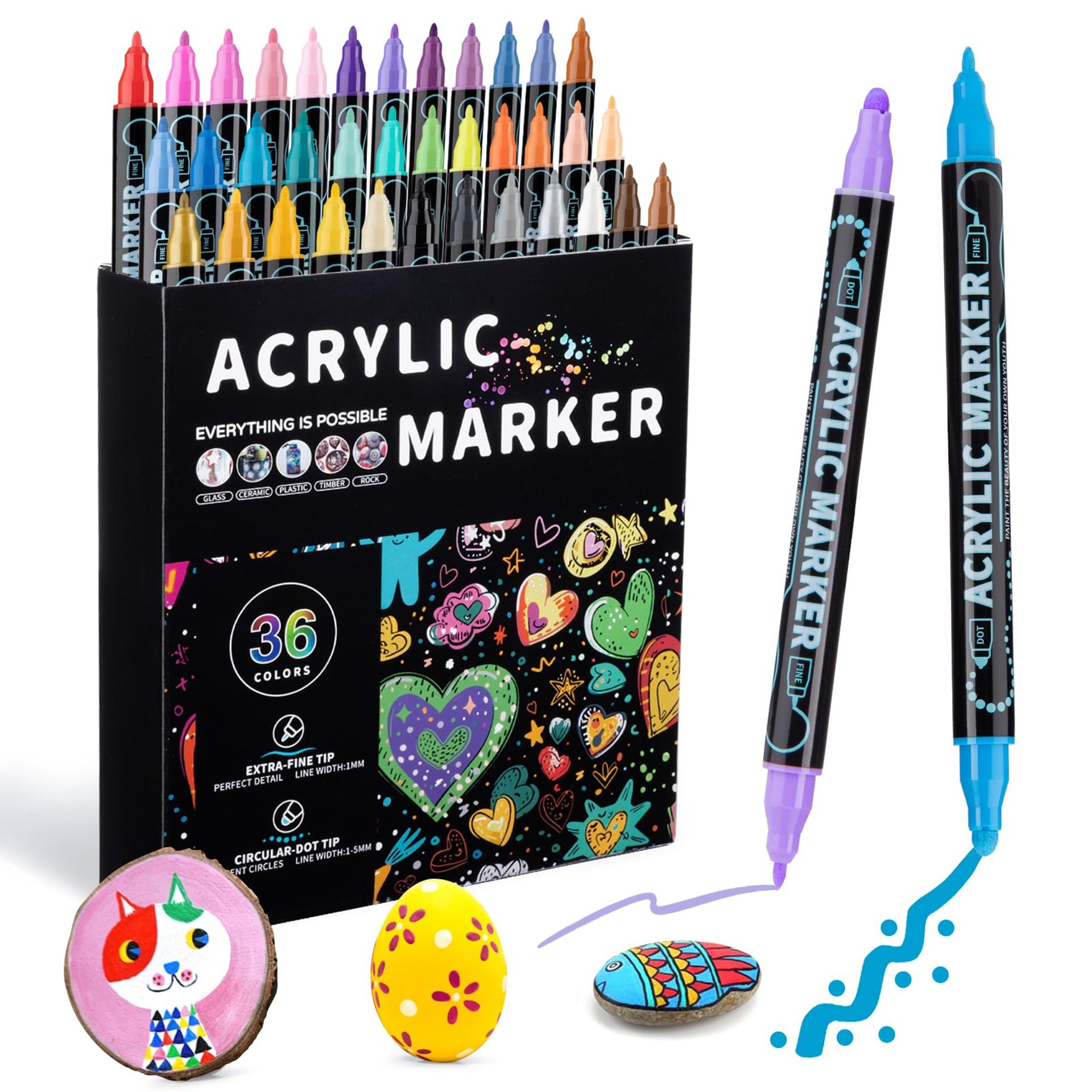 Dual Tip Acrylic Paint Pens 36 Colours for Rock, Glass, Wood, Canvas Art - Multicolour 36 Pack