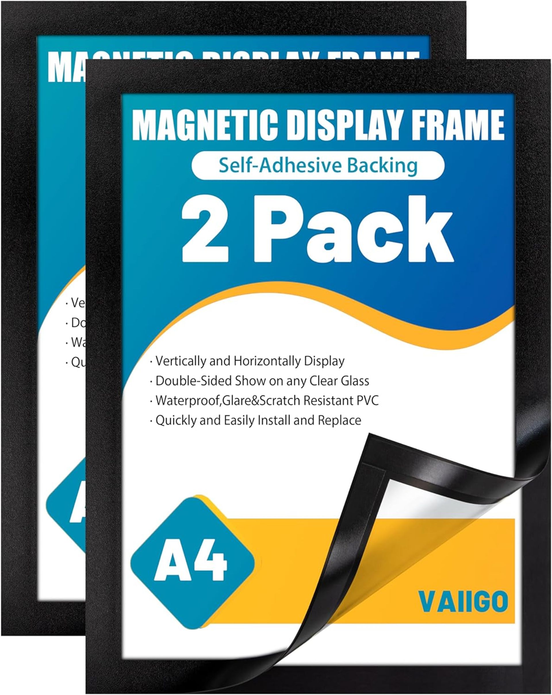 A4 Self Adhesive Magnetic Display Frame - 2 Pack, Black - Quick Change Document Holder - Valentines