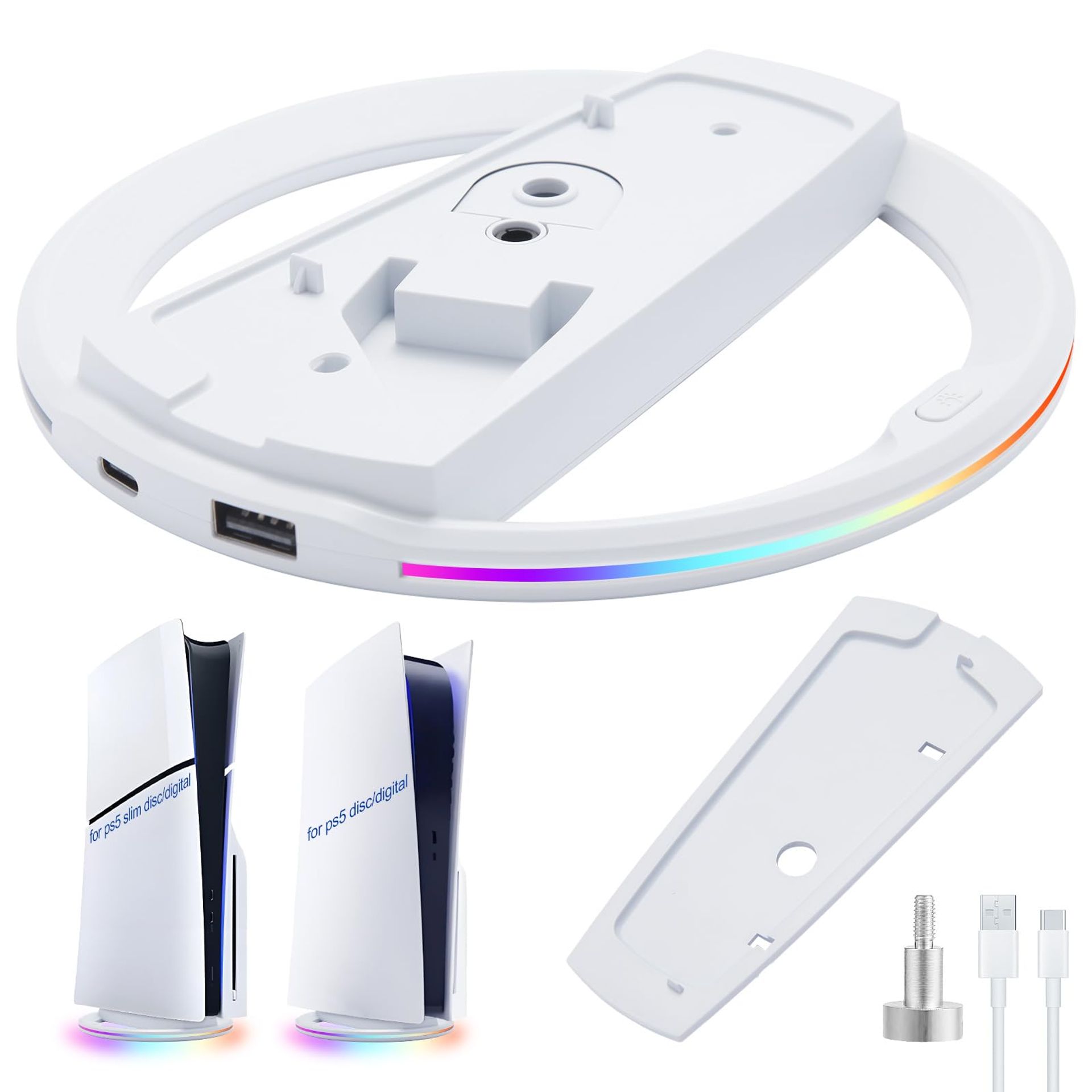RGB Vertical Stand for PS5 Pro/Slim/Disc & Digital with Anti-Slip Pads, USB Port, Light-Up Base Holder