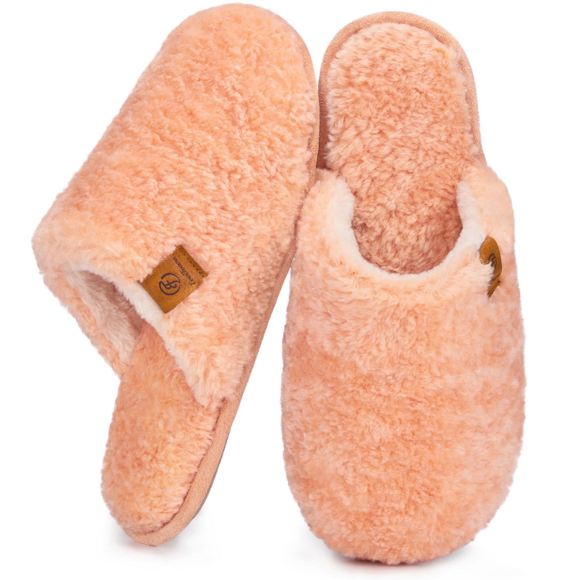 Women's Cosy Fuzzy Faux Shearling Slippers with Memory Foam, Non-slip Sole, Peach UK 3-4