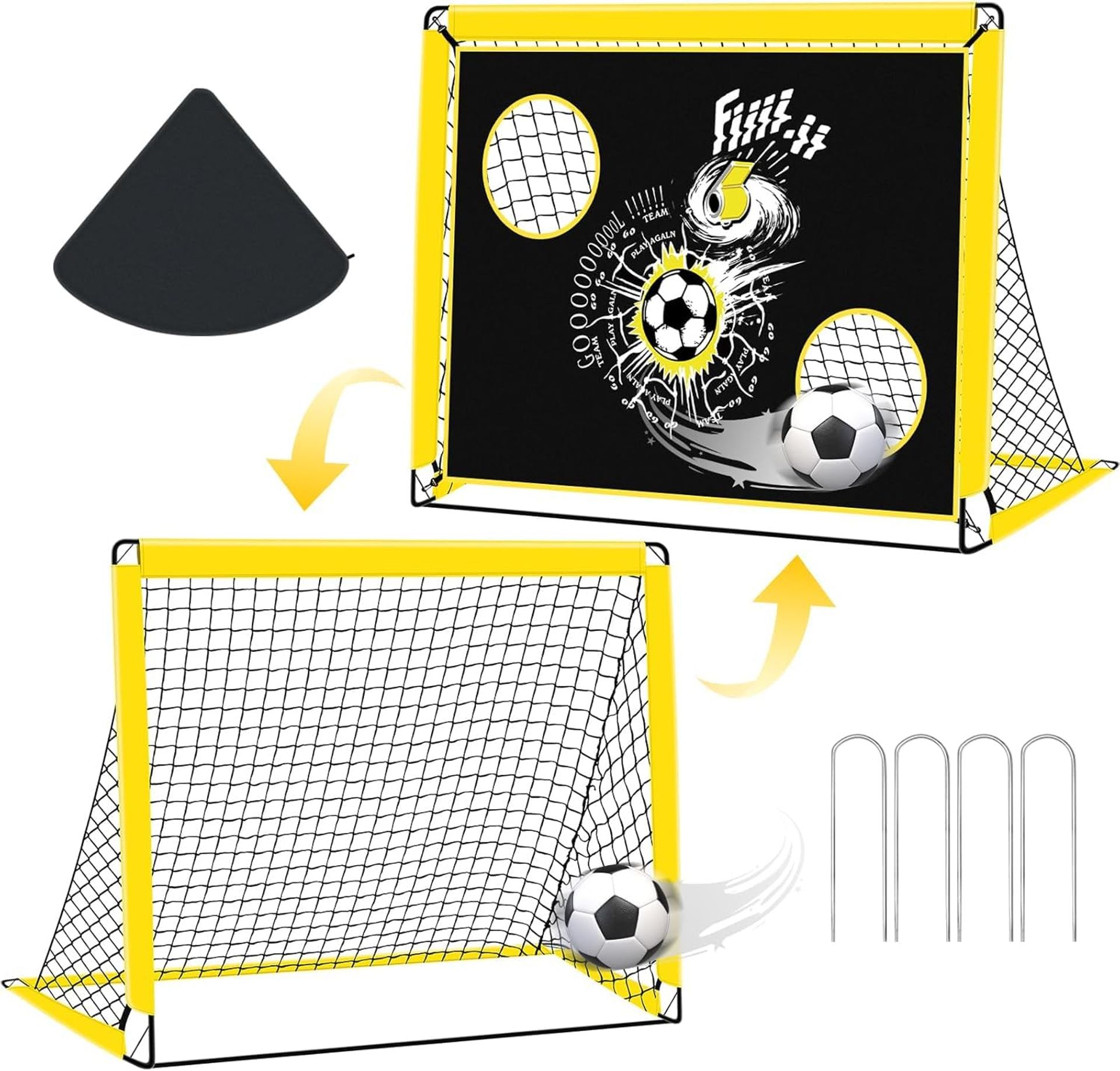 Kids Football Goal 2-in-1 Pop Up Football Net with Ground Pegs and Carry Bag - Yellow 150x120x120cm