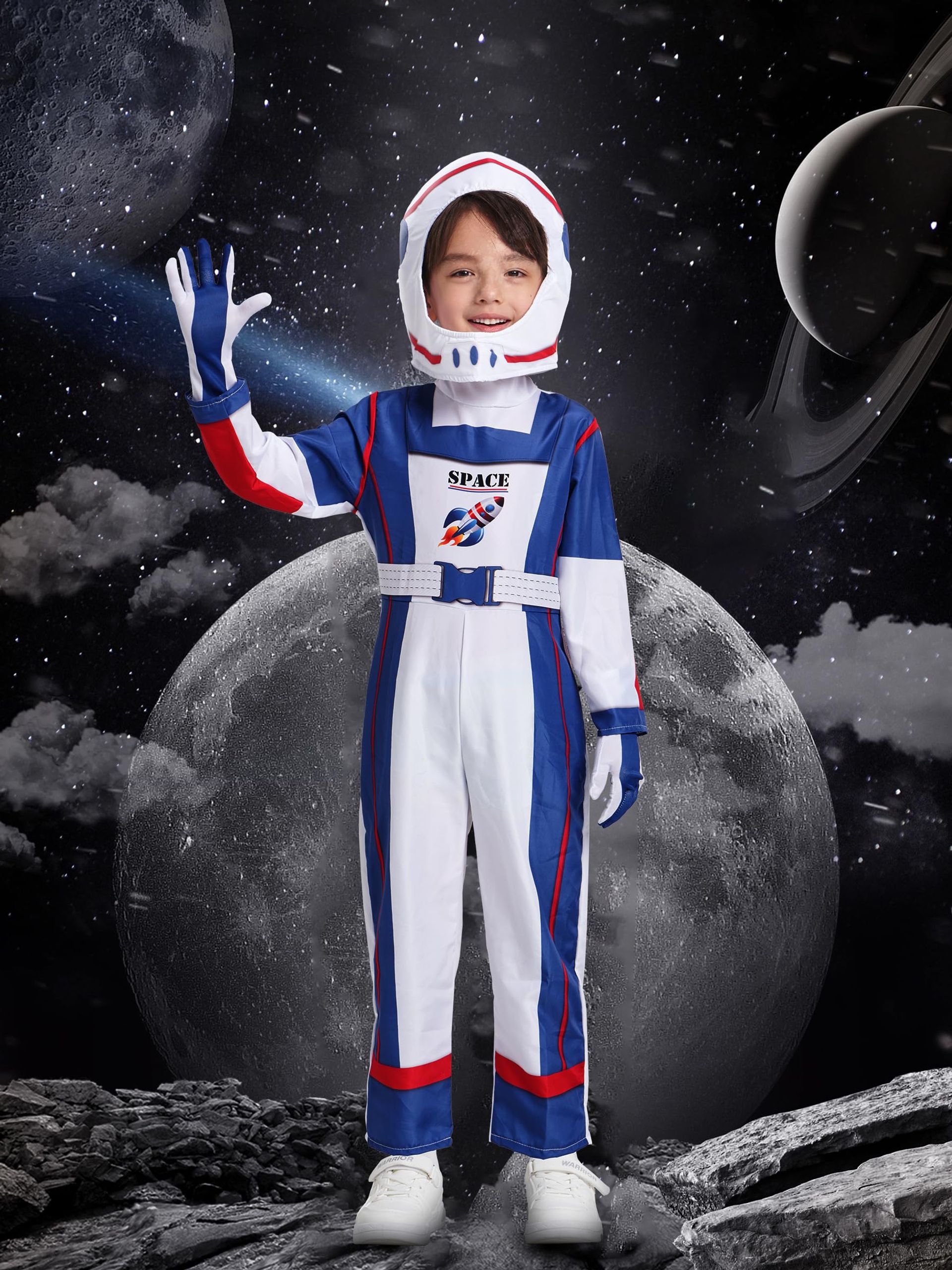 Children's Astronaut Costume Space Pilot Jumpsuit with Helmet, Hat & Gloves - White 8-10 Years