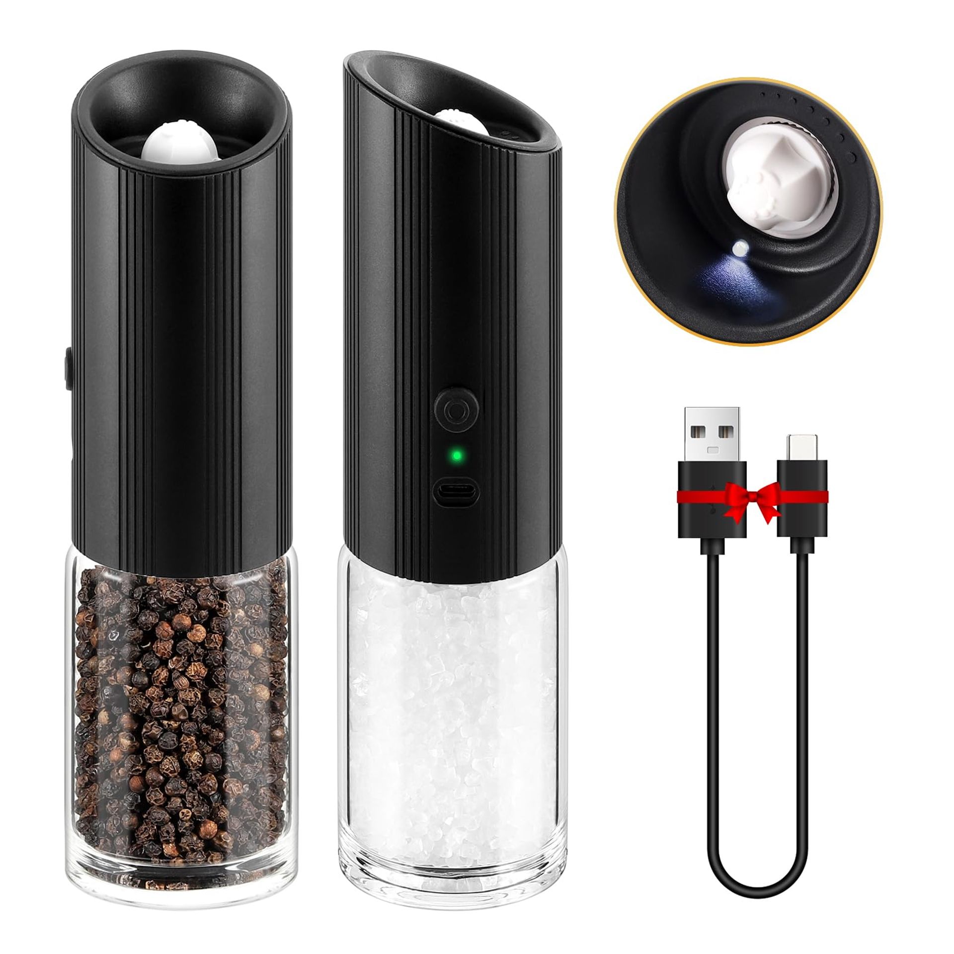 Electric Salt & Pepper Grinder Set Rechargeable USB with LED Light & Adjustable Ceramic Core - One-Hand Operation - Spring Refresh