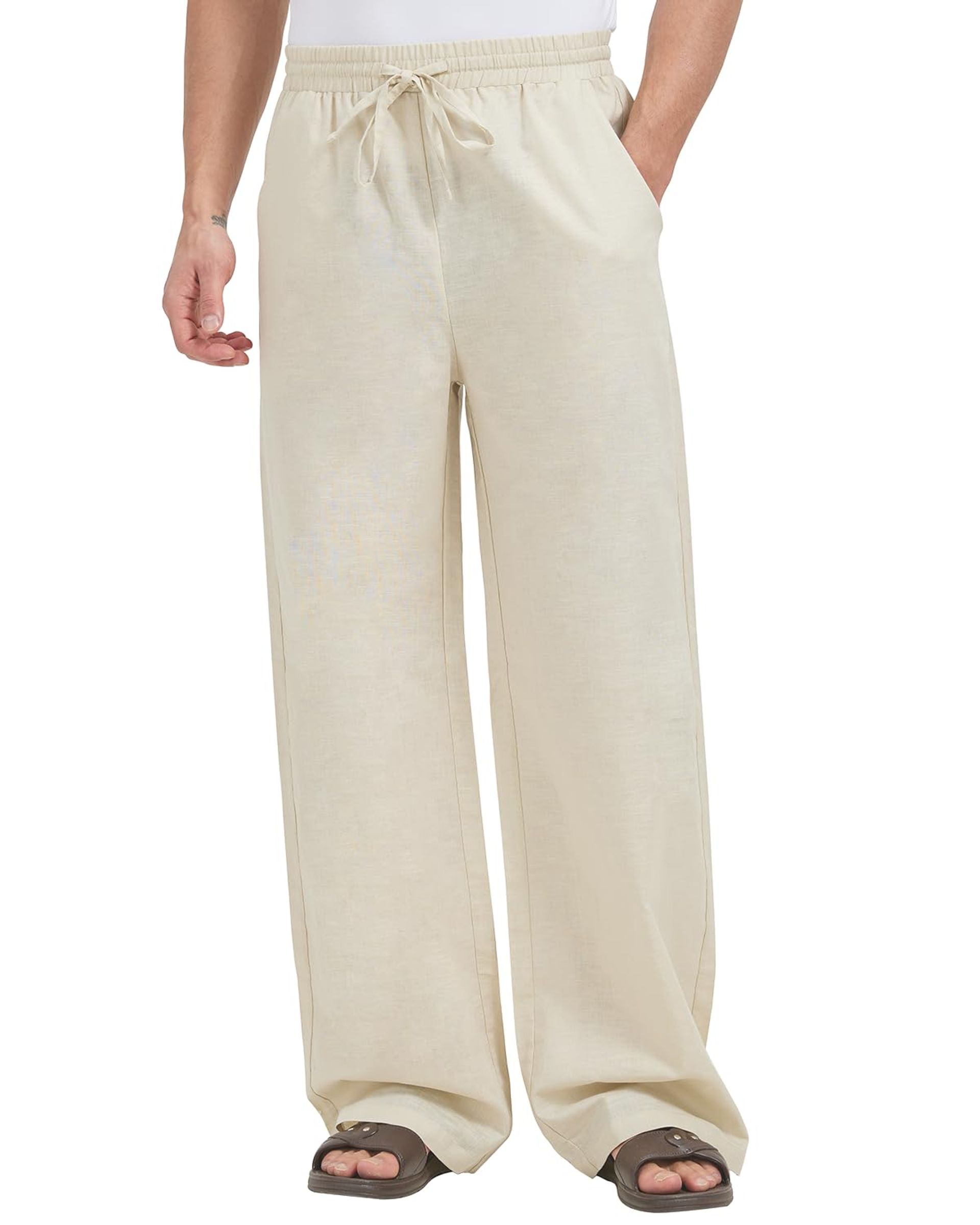 Men's Linen Trousers Summer Beach Pants Lightweight Wide Leg Loose Fit with Drawstring and Pockets - Khaki XL Tall