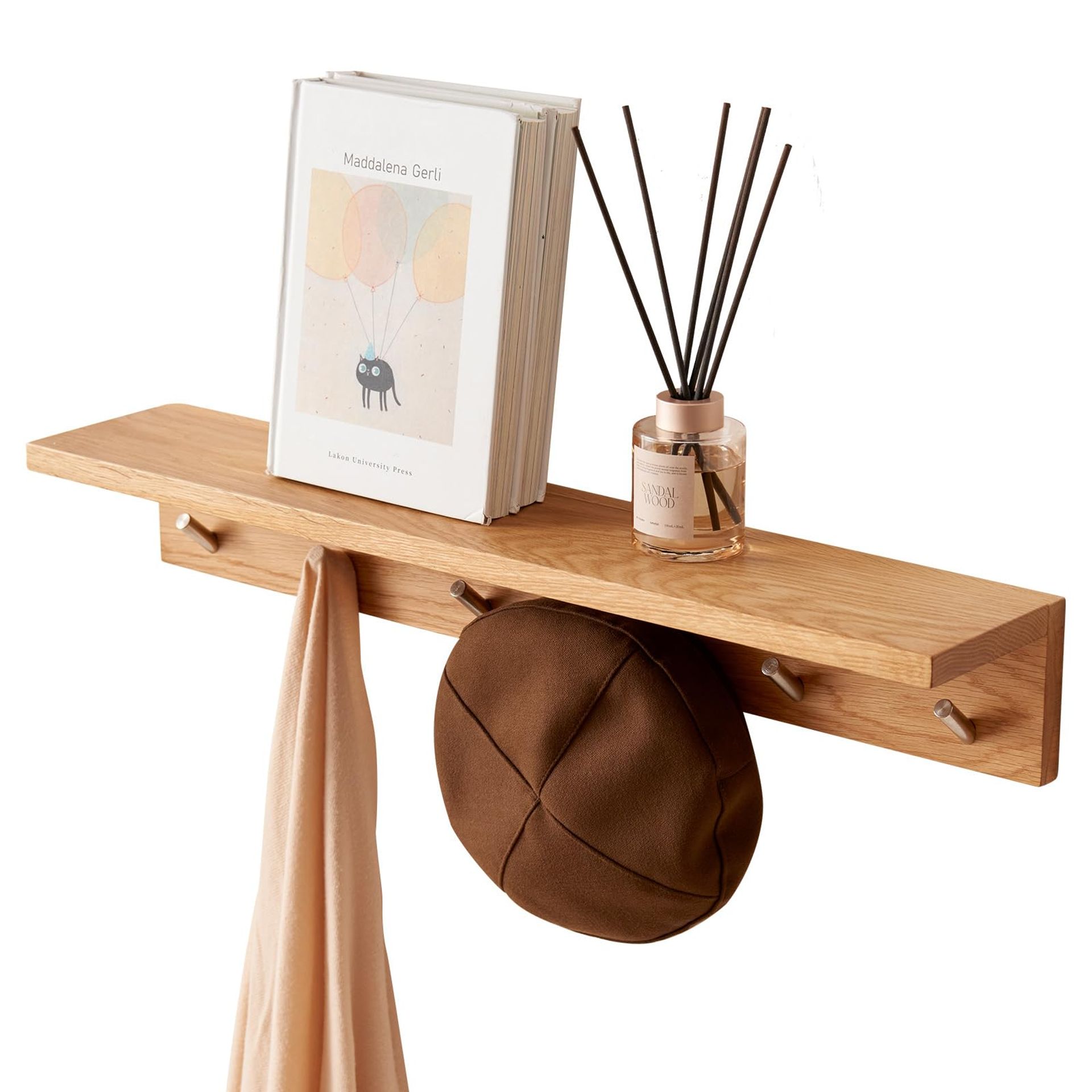 Solid Oak Floating Shelf with Hooks - Wall Mounted for Bedroom, Living Room, Bathroom, Office, Laundry - 70 CM