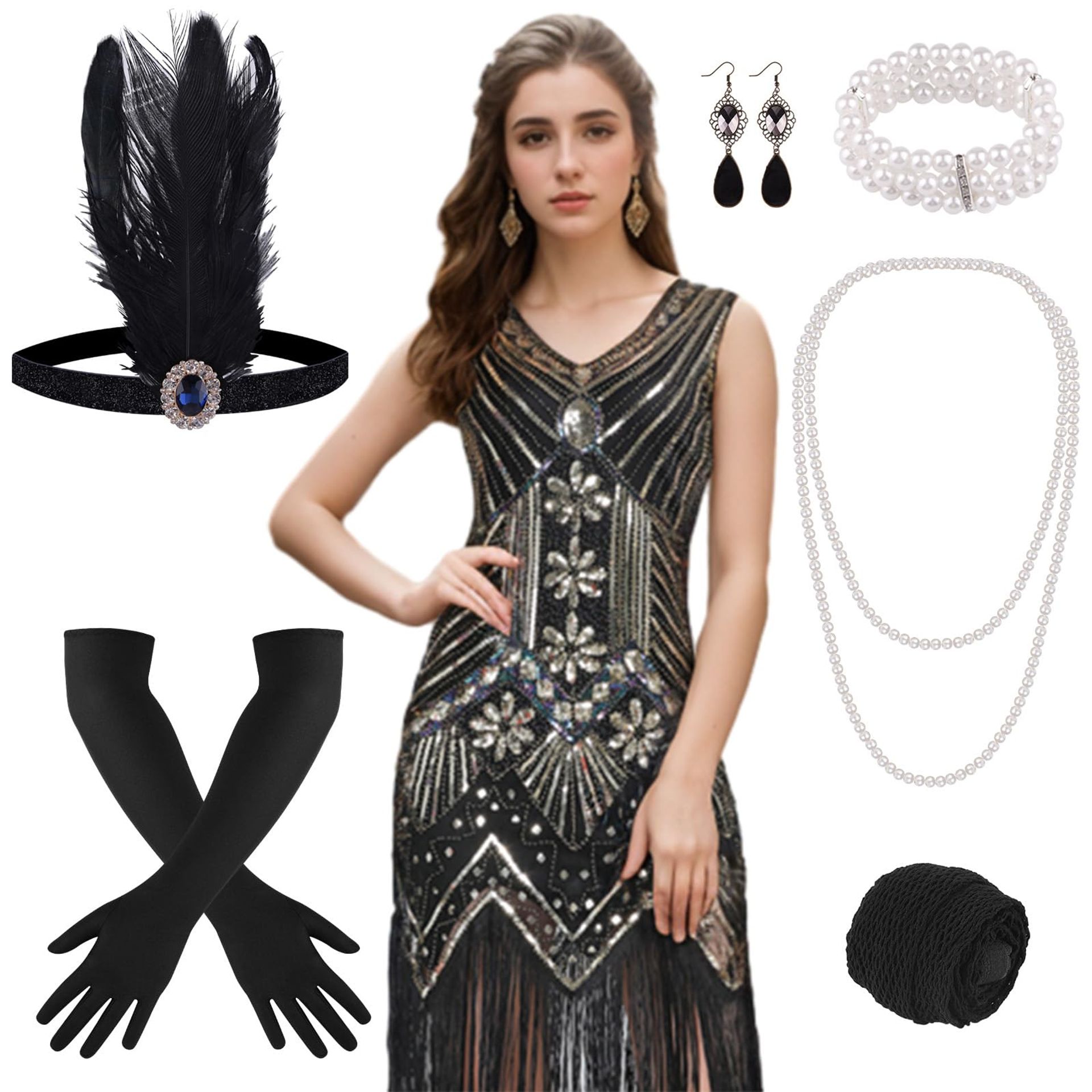 1920s V Neck Sequin Beaded Fringed Flapper Dress with Accessories Set - Black and Gold XL Style 2