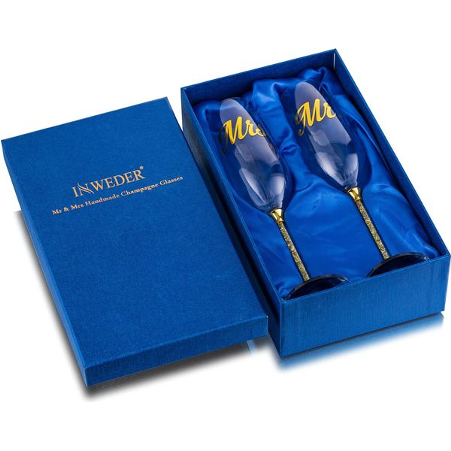 Mrs & Mrs Champagne Flutes Set Of 2 – Wedding Bridal Party Glasses With Gift Box, Clear Glass