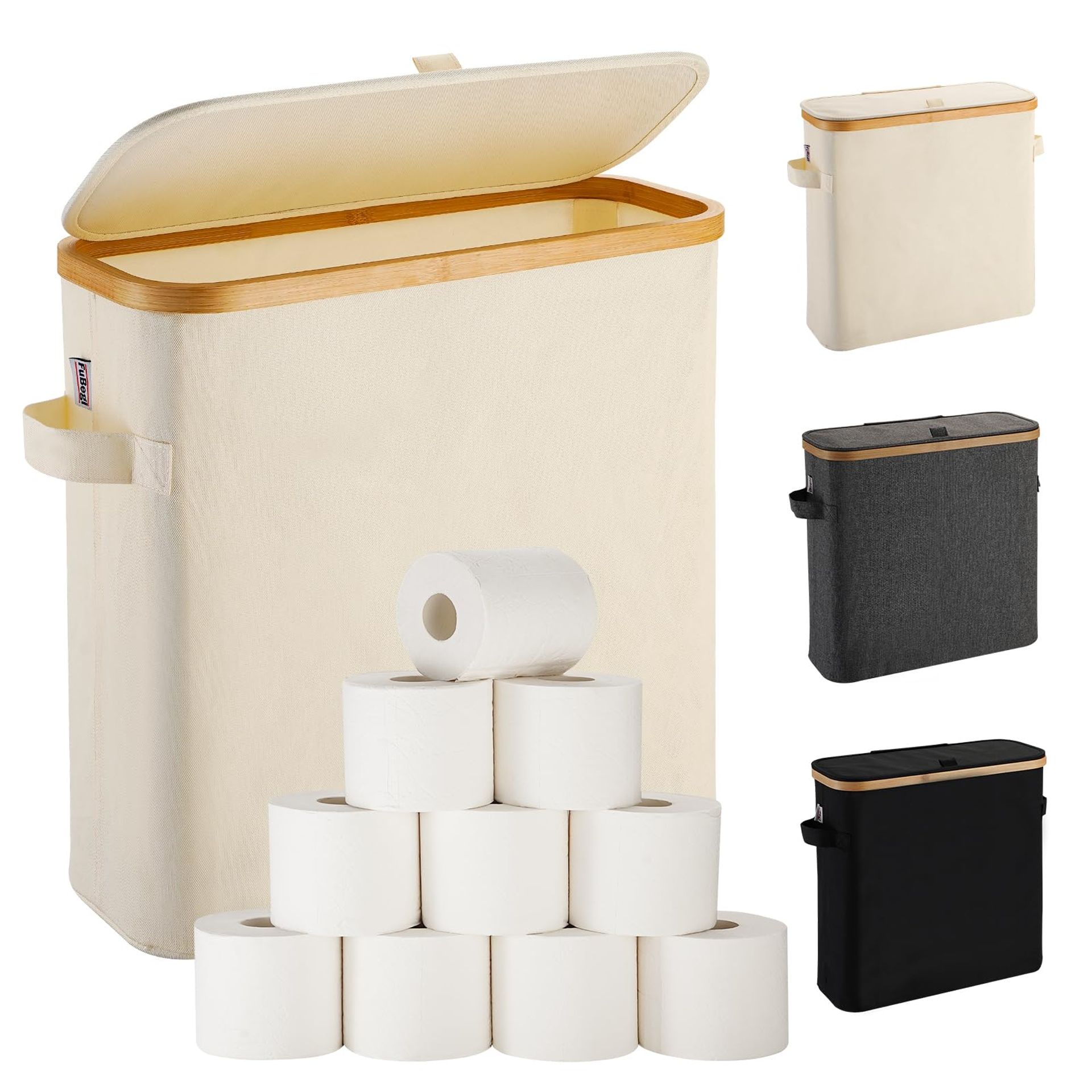 Bamboo Toilet Roll Storage Basket with Lid – Freestanding Toilet Paper Holder Box for Bathroom Organisation, Beige