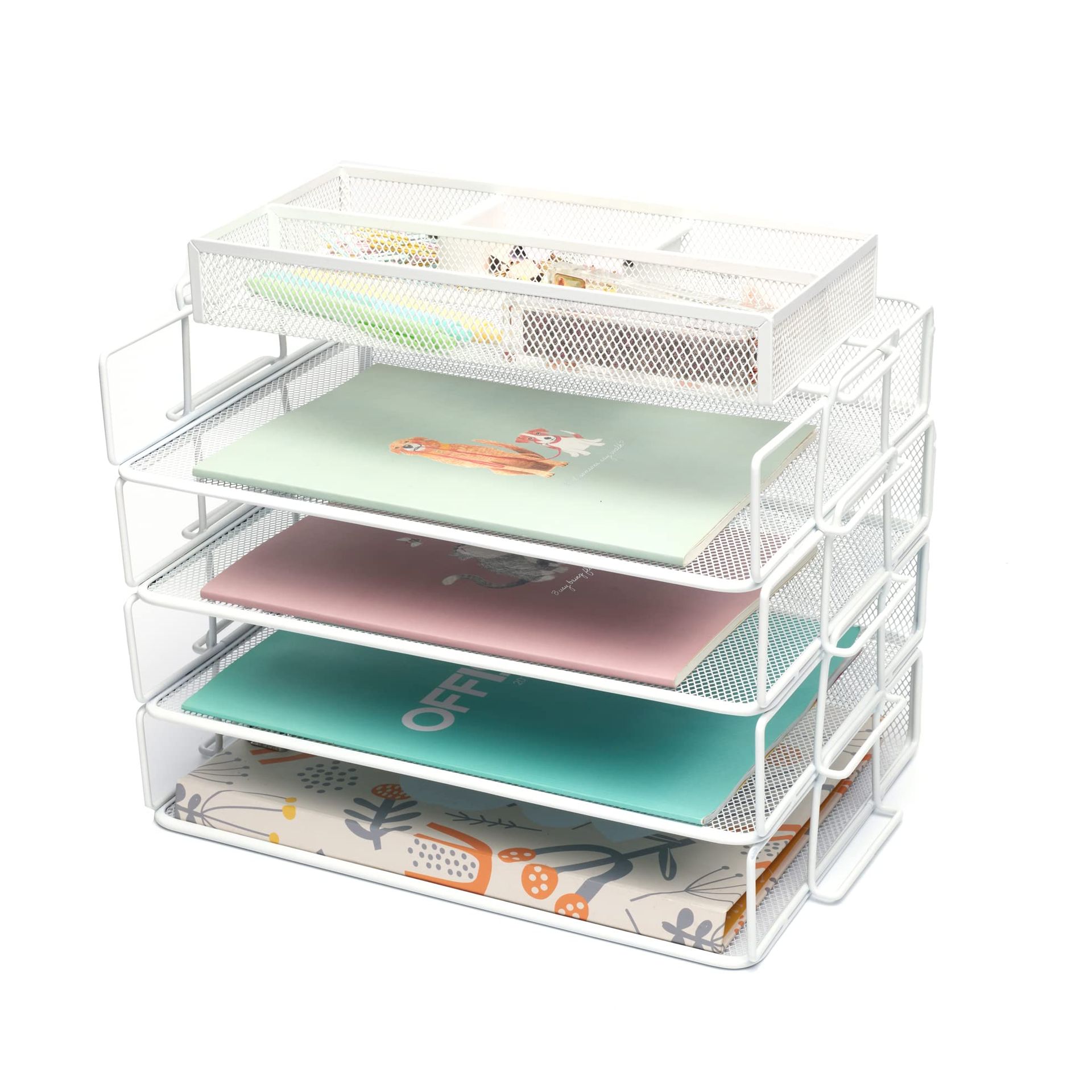 Stackable Paper Sorter Set 4 Tiers with Accessory Organiser & Memo Holder - White 38x25x16cm