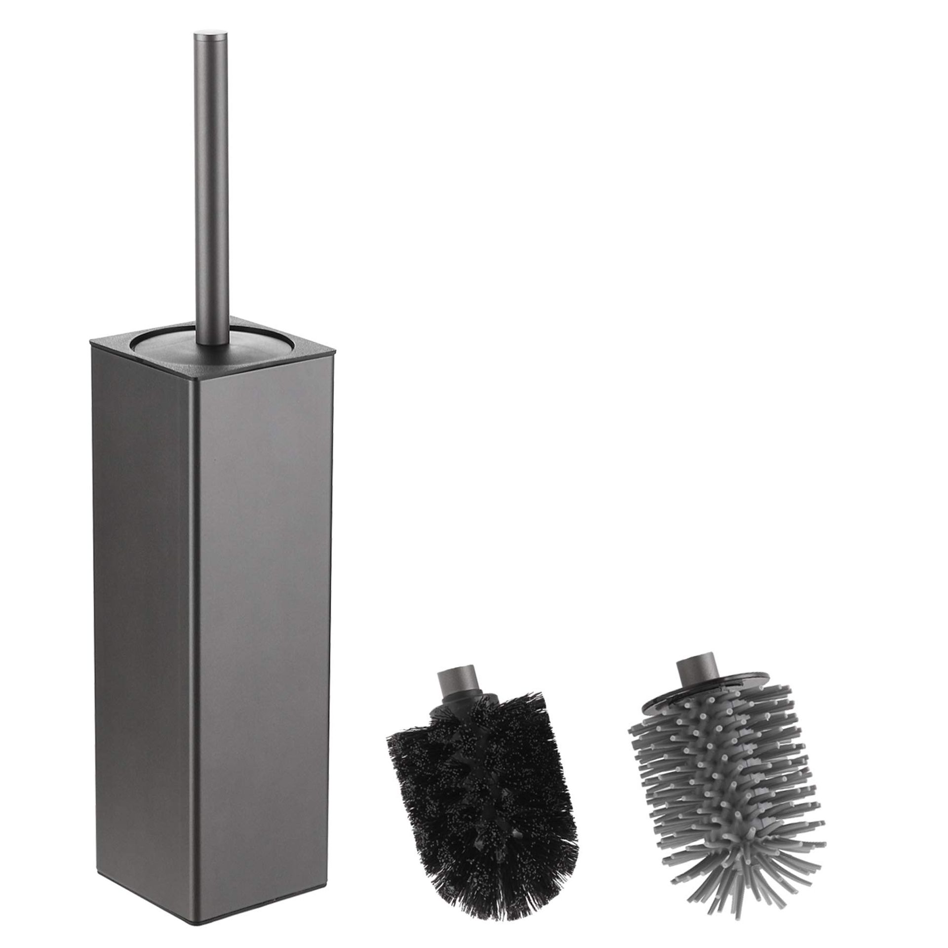 Toilet Brush and Holder Set Silicone Bristle with Aluminium Handle Dual Brush Heads for Bathroom Cleaning - Grey