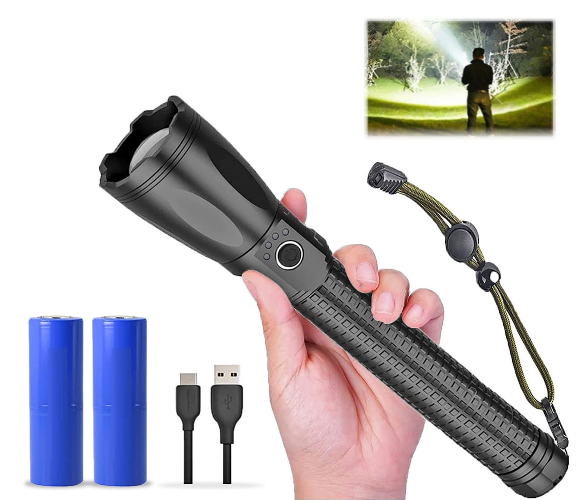 LED Torch 15000 Lumens Rechargeable Flashlight XHP70.2 Super Bright Zoomable Waterproof Camping Light - Blue 15000 Lumens
