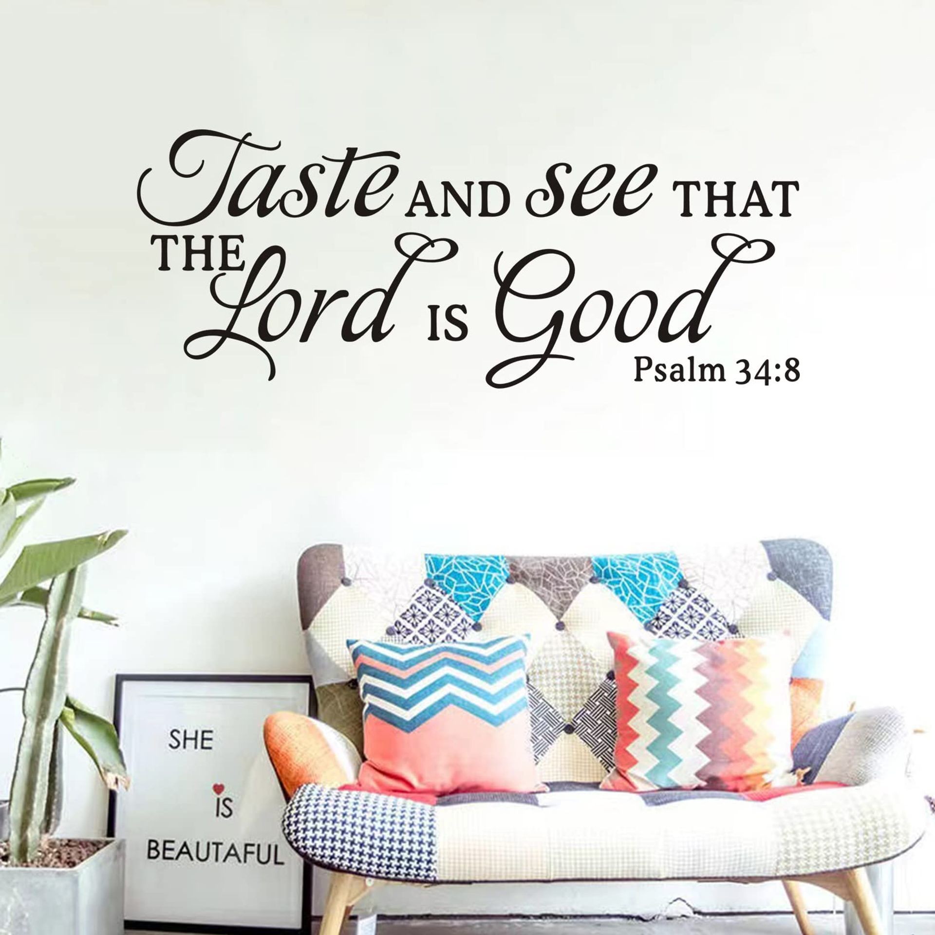 SEATUNE Wall Decals for Living Room, Scripture Wall Stickers, Quotes Bible Verse Jesus, Kitchen Dining Room Family Positive Home Vinyl Art Wall Decor, Taste and See That The Lord is Good 32"X12.5"