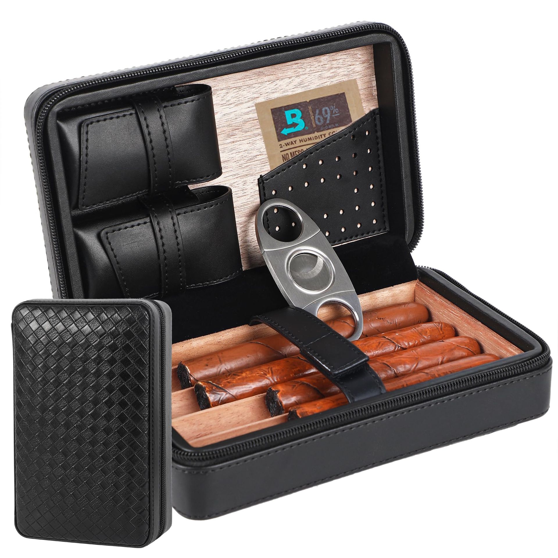Cigar Humidor for 4 Cigars Cedar Wood Interior Leather Case with Stainless Steel Cutter Gift Set - Black