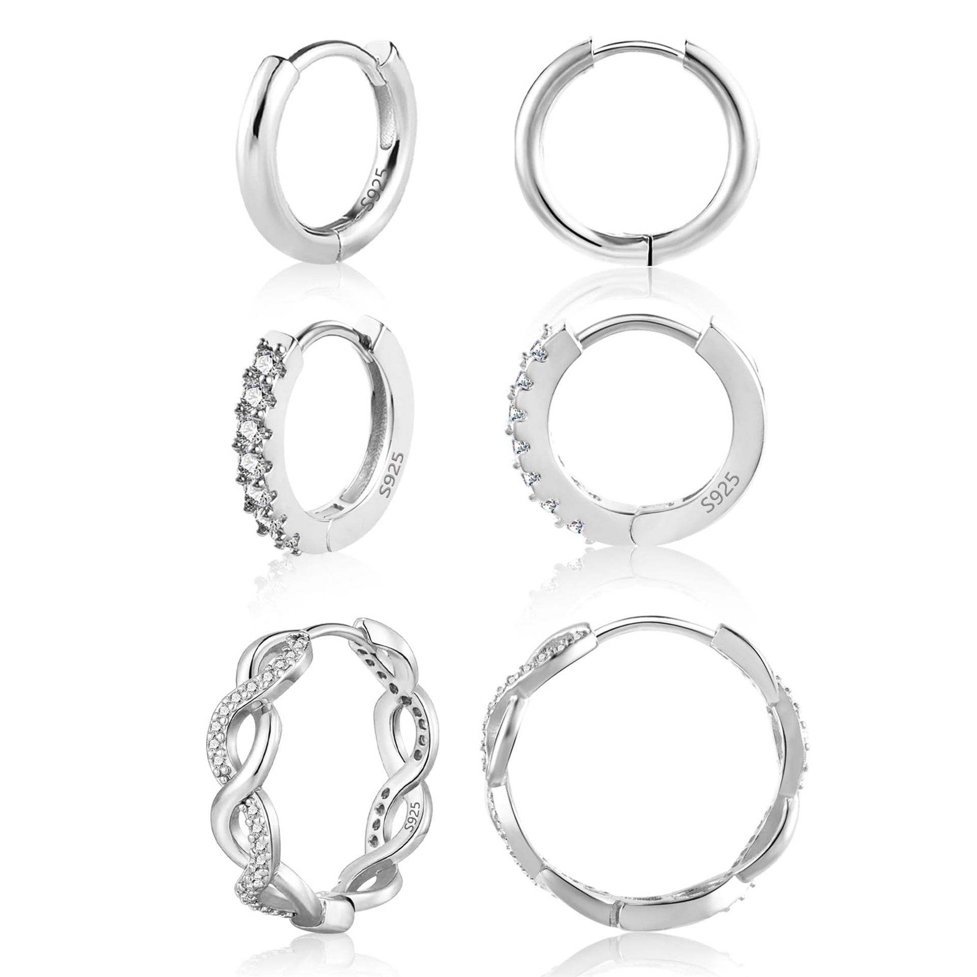 Elegant Small Silver Hoop Earrings Set - 3 Pairs with Cubic Zirconia, Hypoallergenic, Perfect Gift