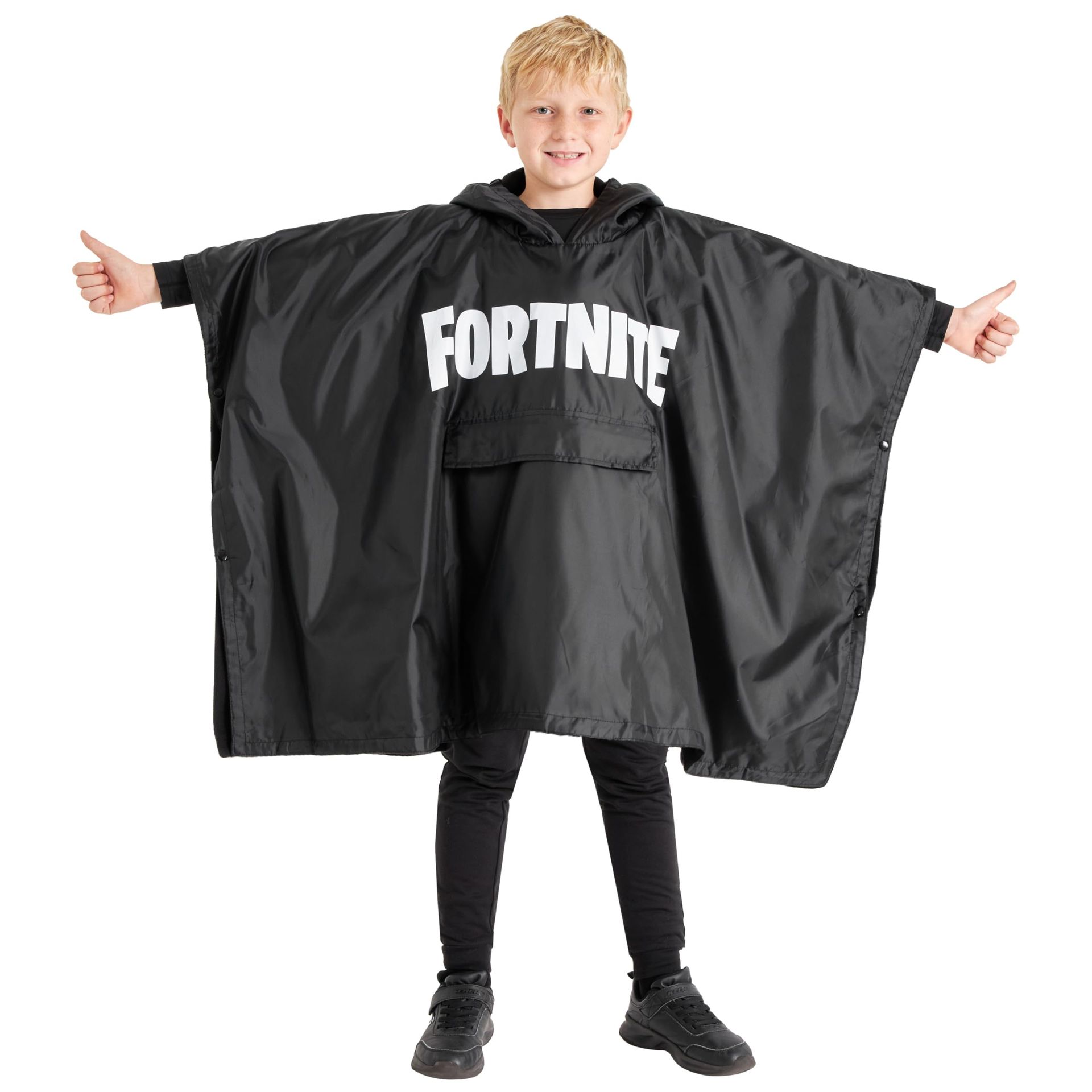 Kids Fleece Lined Waterproof Hoodie Poncho with Fortnite Design Foldable for Camping Hiking School - Black 6-14 Years