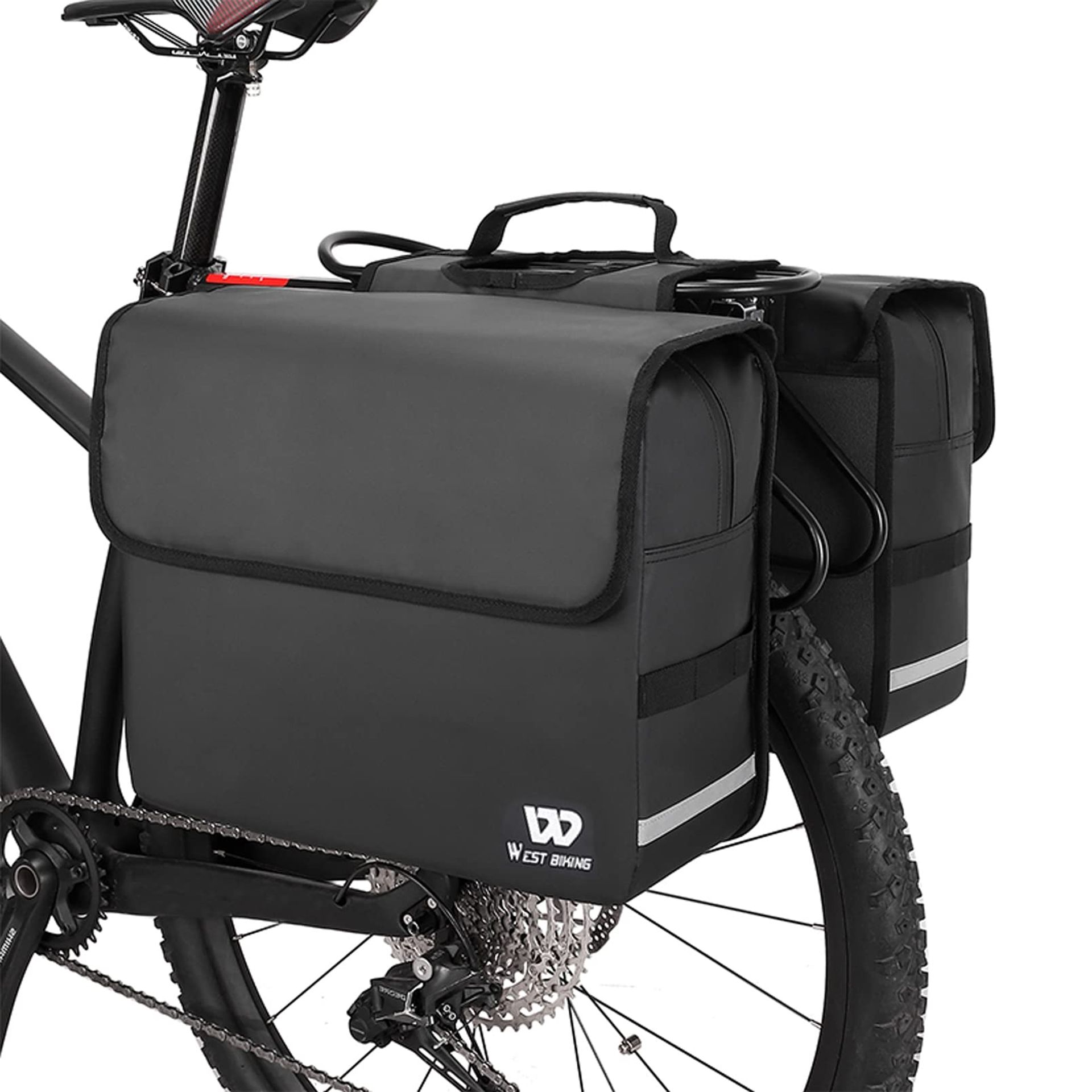 Double Pannier Bike Bag Water-Resistant Rear Seat Rack Trunk with Reflective Stripes - Black 36L