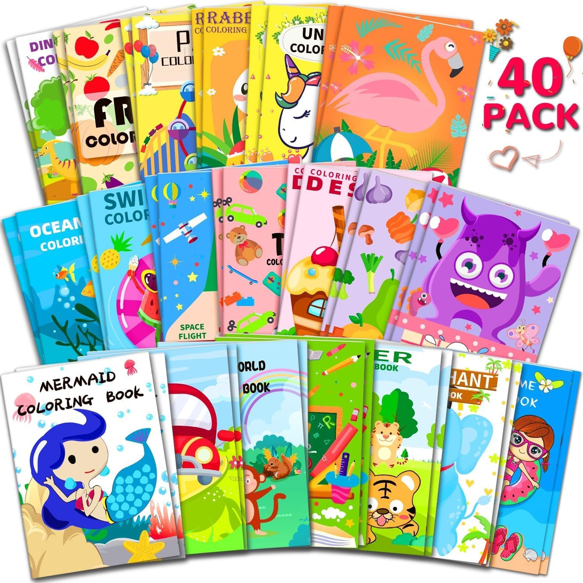 Pack of 40 Mini Colouring Books for Children with Unicorn, Dinosaur and Mermaid Themes Great for Party Bags and DIY Crafts - Colourful TYB-40