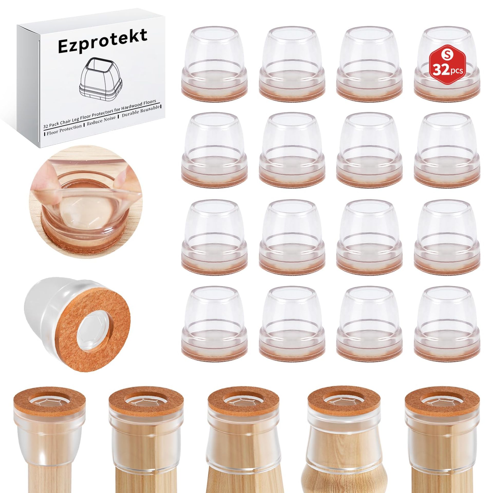 32PCS Transparent Silicone Chair Leg Floor Protectors with Felt Pads - No Noise, No Scratches, Anti-Slip Furniture Feet Covers