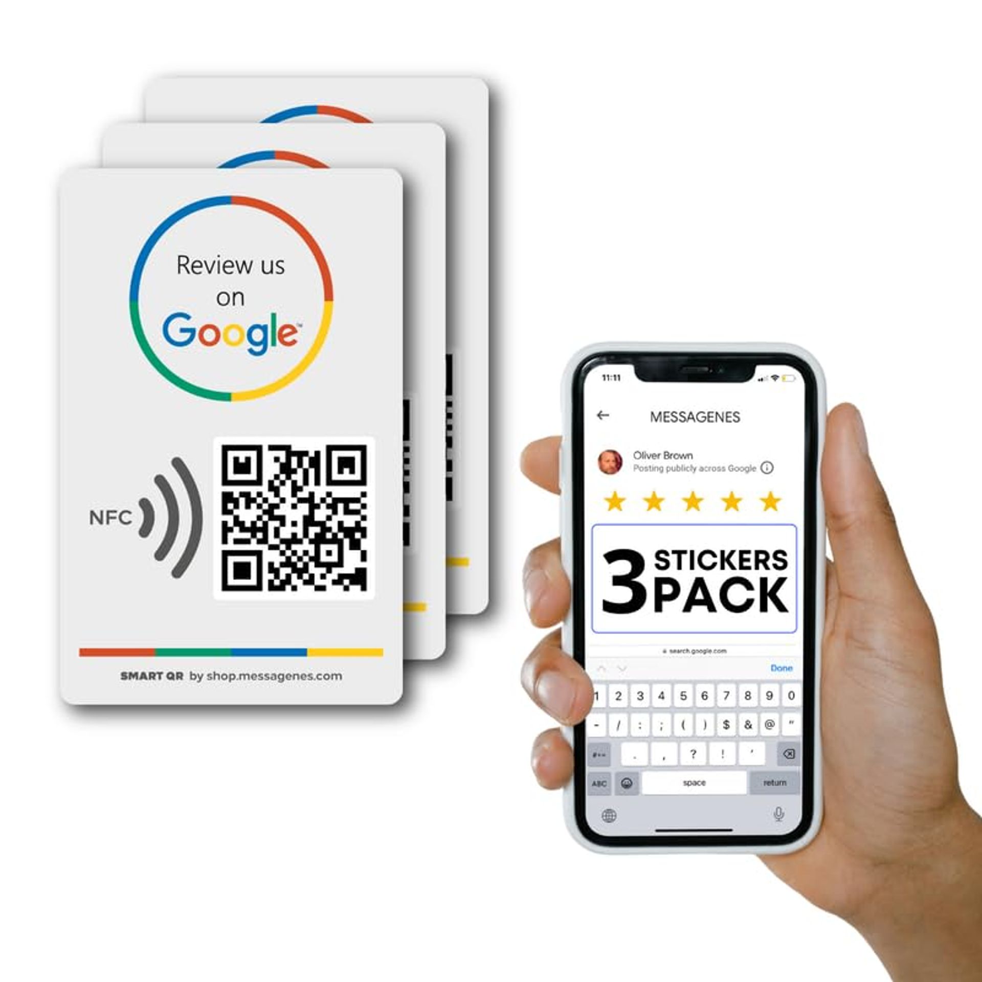 Reusable Tap-to-Review NFC & QR Stickers for Google Reviews 3 Pack - Grey 3 Stickers