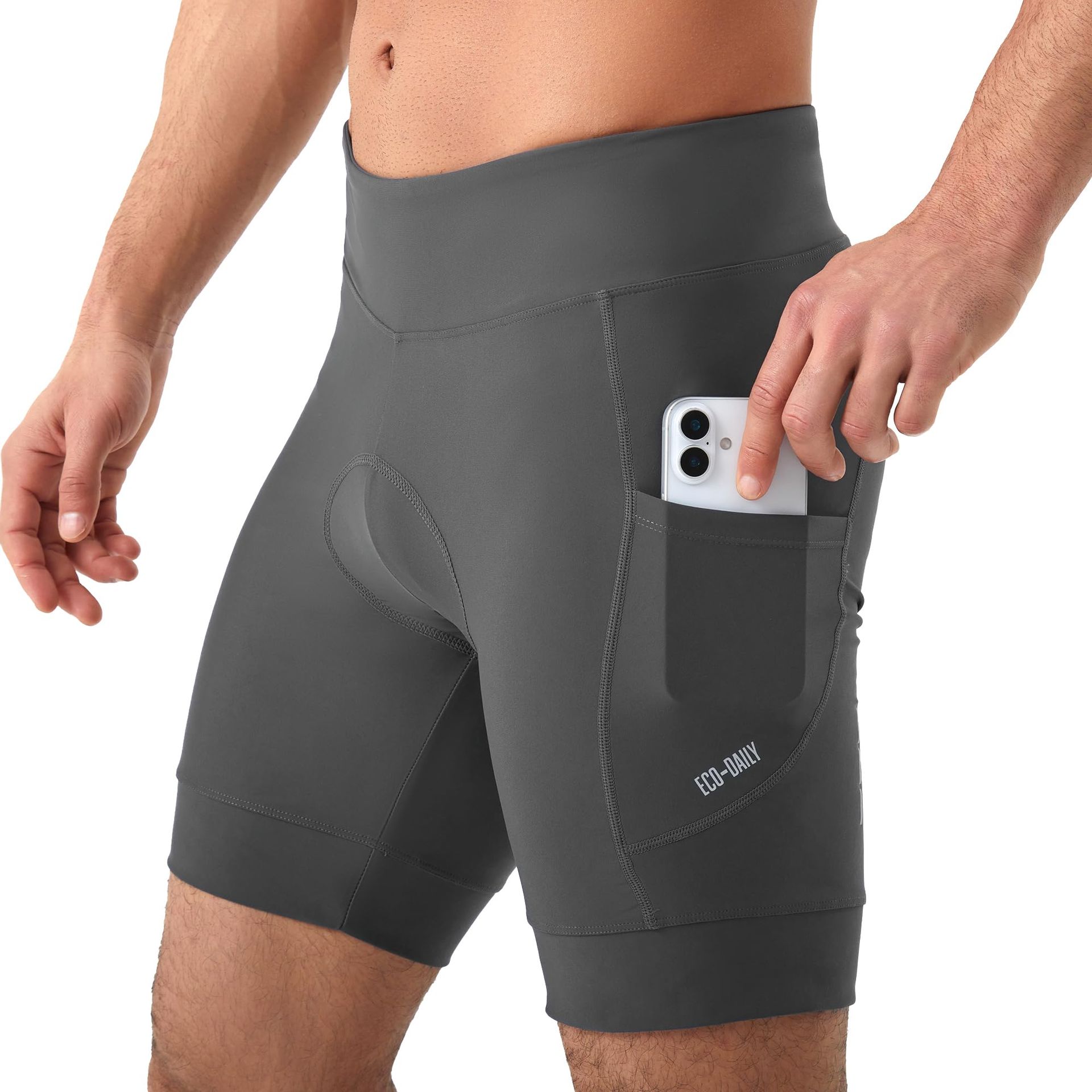 Men's 4D Padded Cycling Shorts with Phone Pockets, Breathable & Reflective Design for Road & Mountain Biking - Grey L