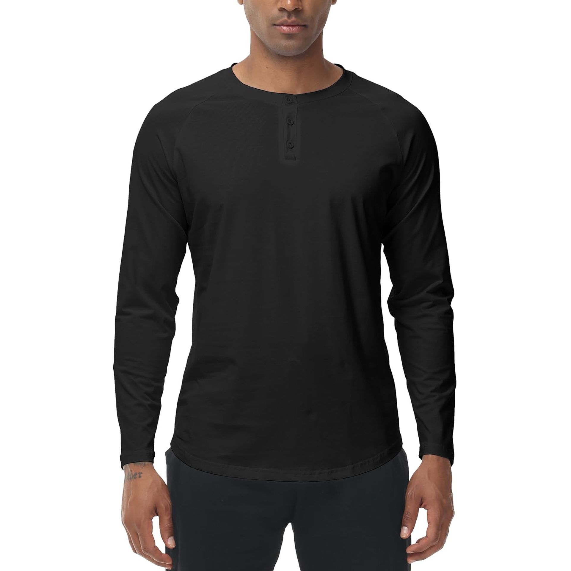 XYKJFIT Mens Casual Henley Shirt Long Sleeve Button Down Workout Tops for Men Gym T-Shirts Crewneck Basic Tee Shirts Black