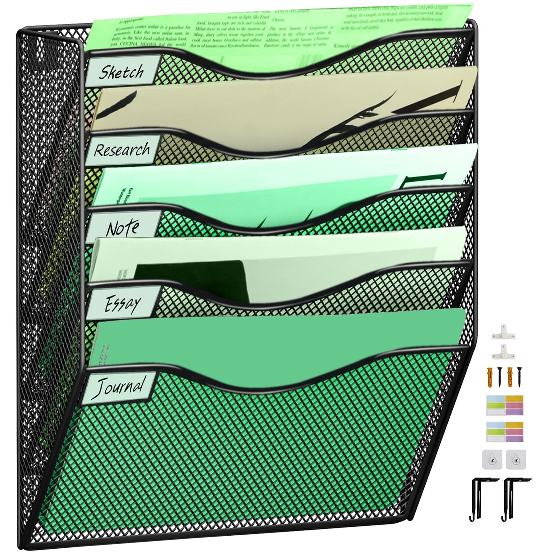 5 Tier Mesh Wall File Holder Organiser, Vertical Hanging File Rack with Label Hooks, Black - No Assembly Required