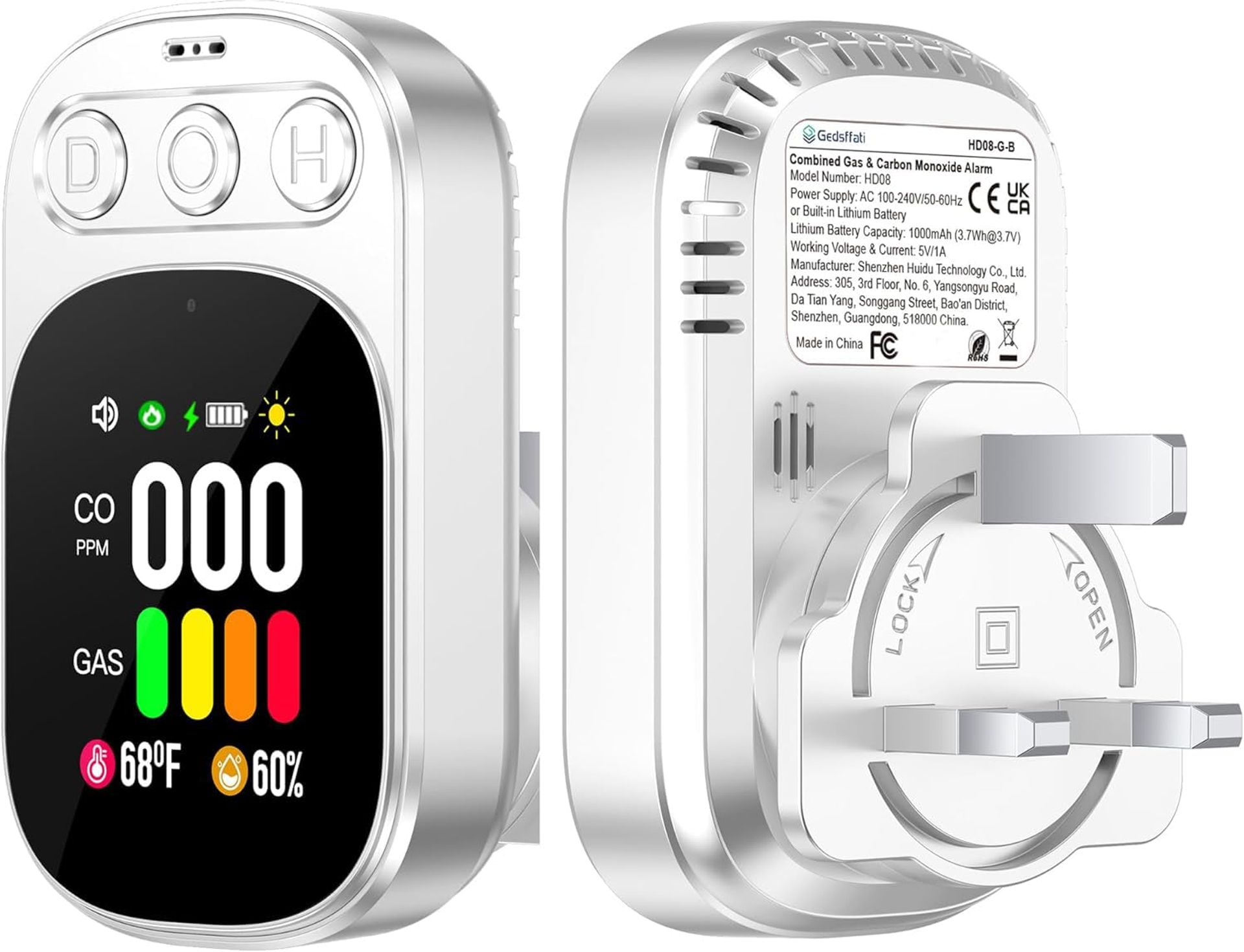 4in1 Plug-in Carbon Monoxide & Natural Gas Detector with HD Screen, Temp & Humidity Monitor