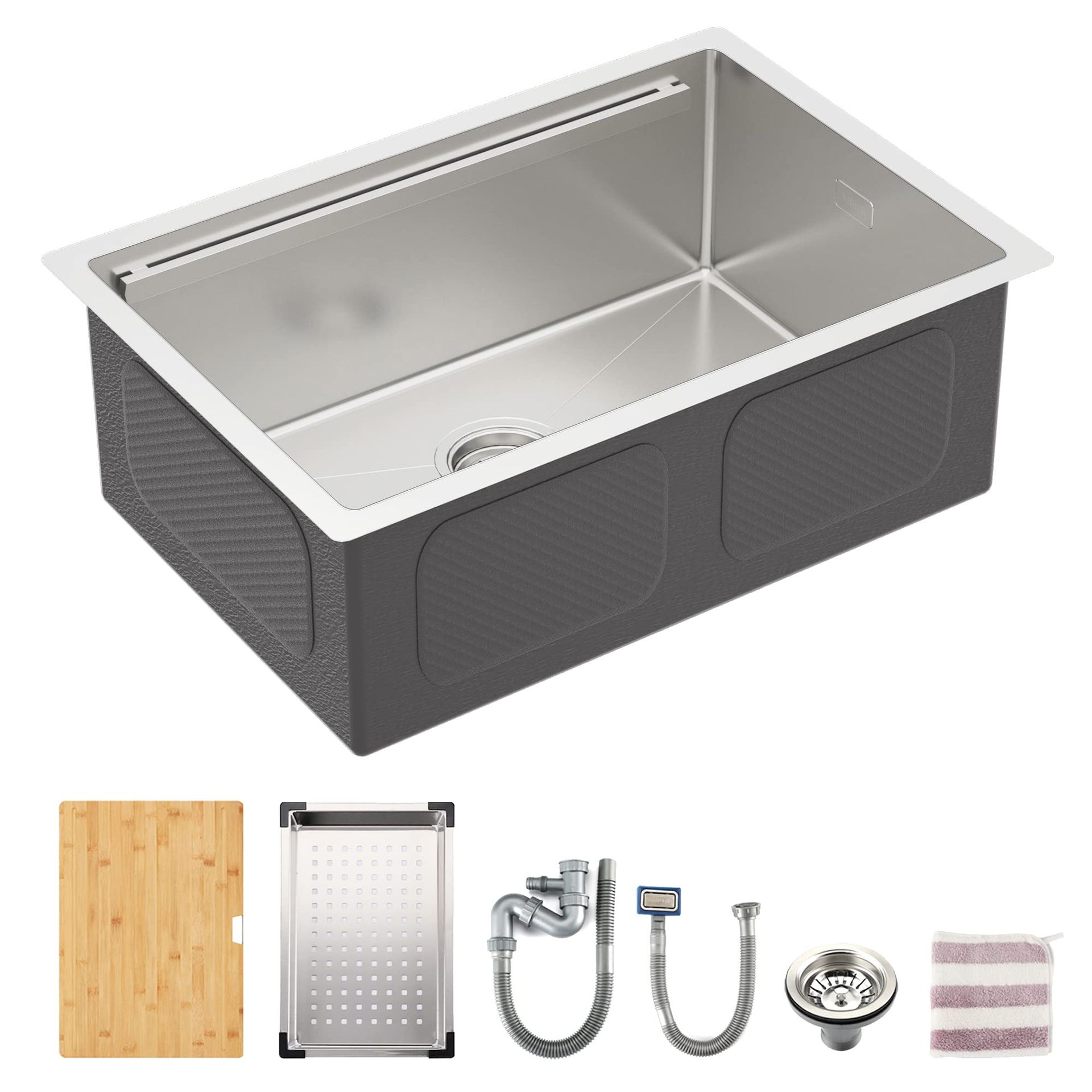 Workstation Undermount Single Bowl Kitchen Sink 16-Gauge Stainless Steel with Bamboo Board and Drain Tray - Stainless Steel 66 x 45 x 23 cm