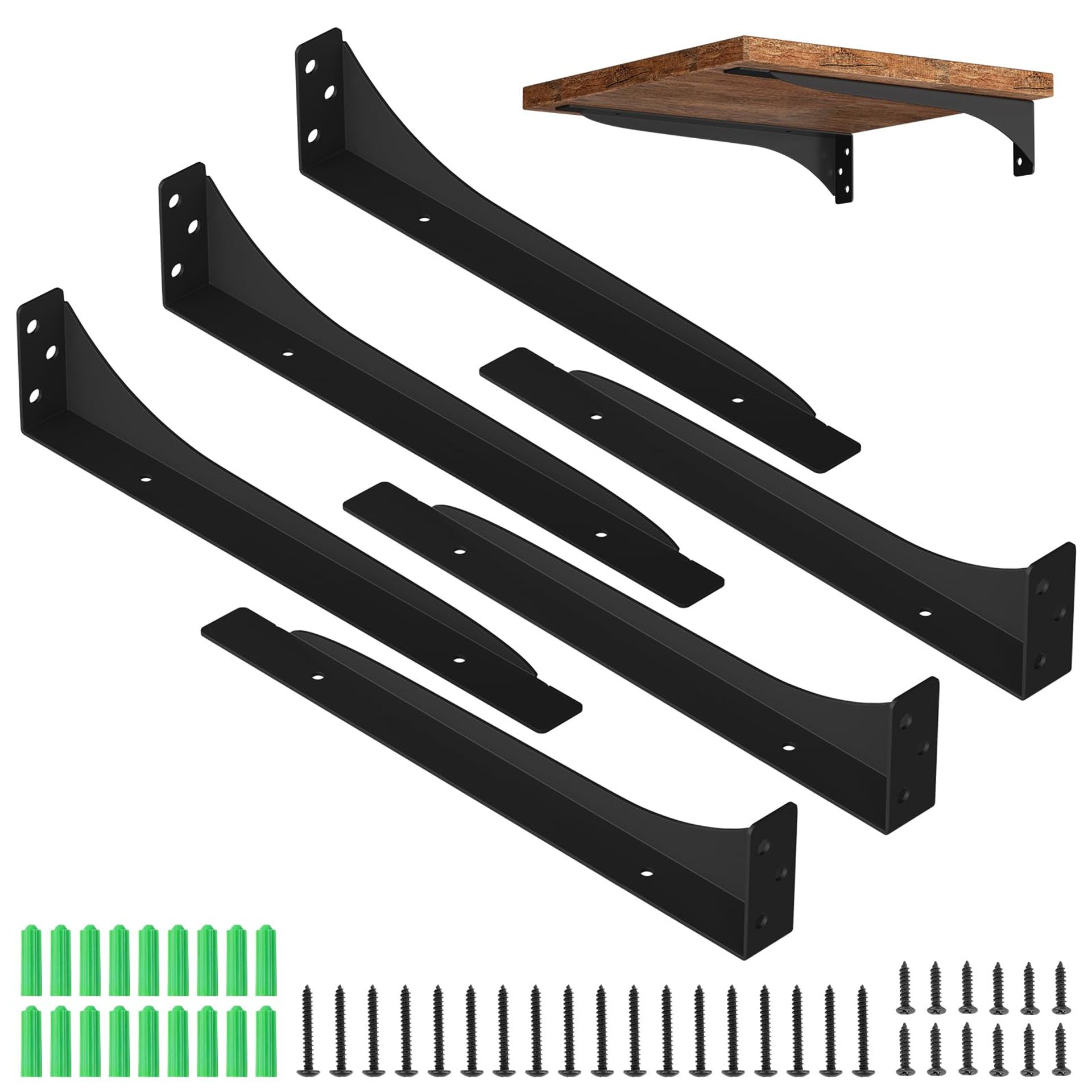 Heavy Duty Metal Shelf Brackets Set of 6, 90° Wall Mount Floating Design for DIY Storage and Furniture Support - Black 35CM