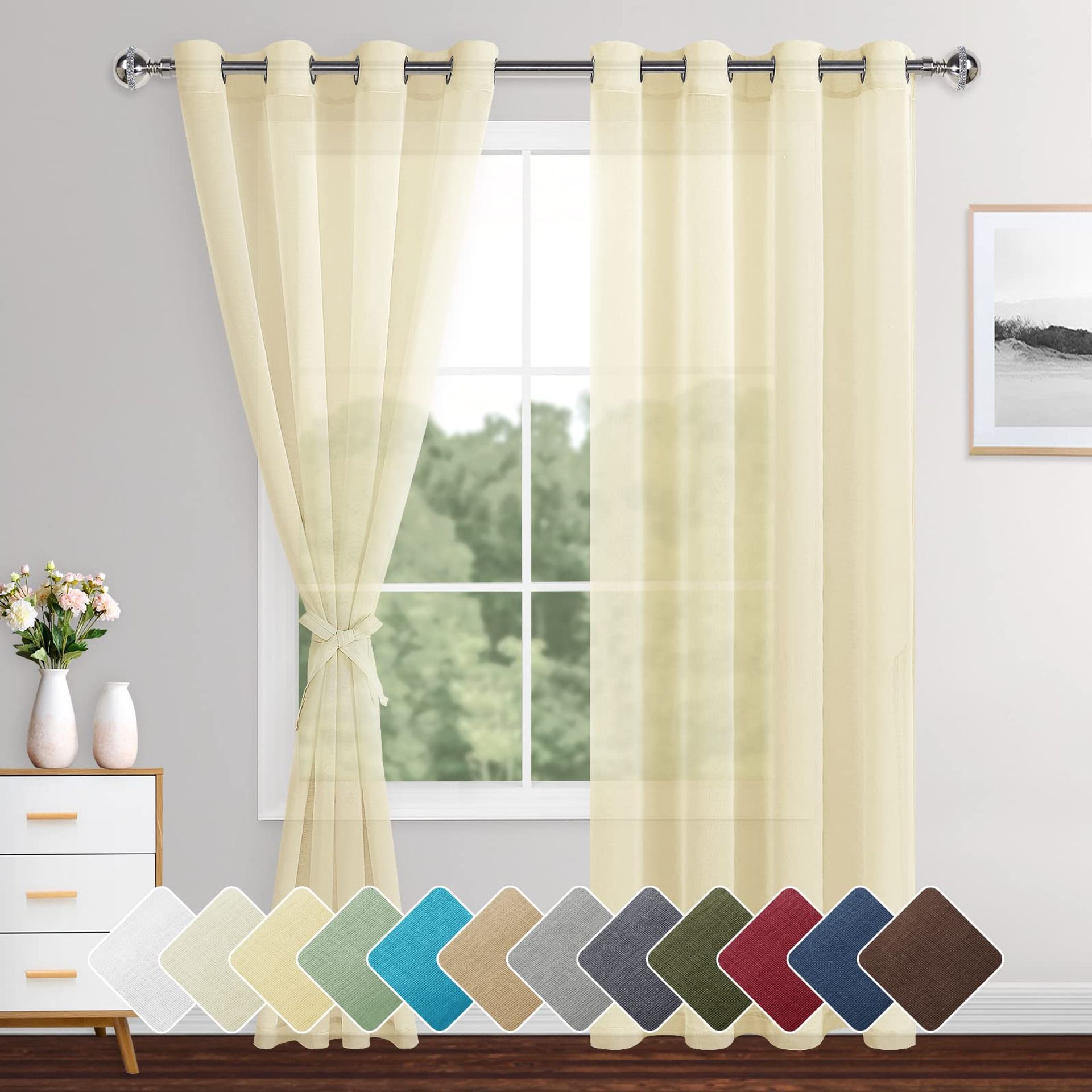 XWZO Beige Sheer Curtains Semi Transparent Eyelet Top Linen Look Voile Panels/Drapes/Treatment for Bedroom Living Room,W55*L90，Set of 2