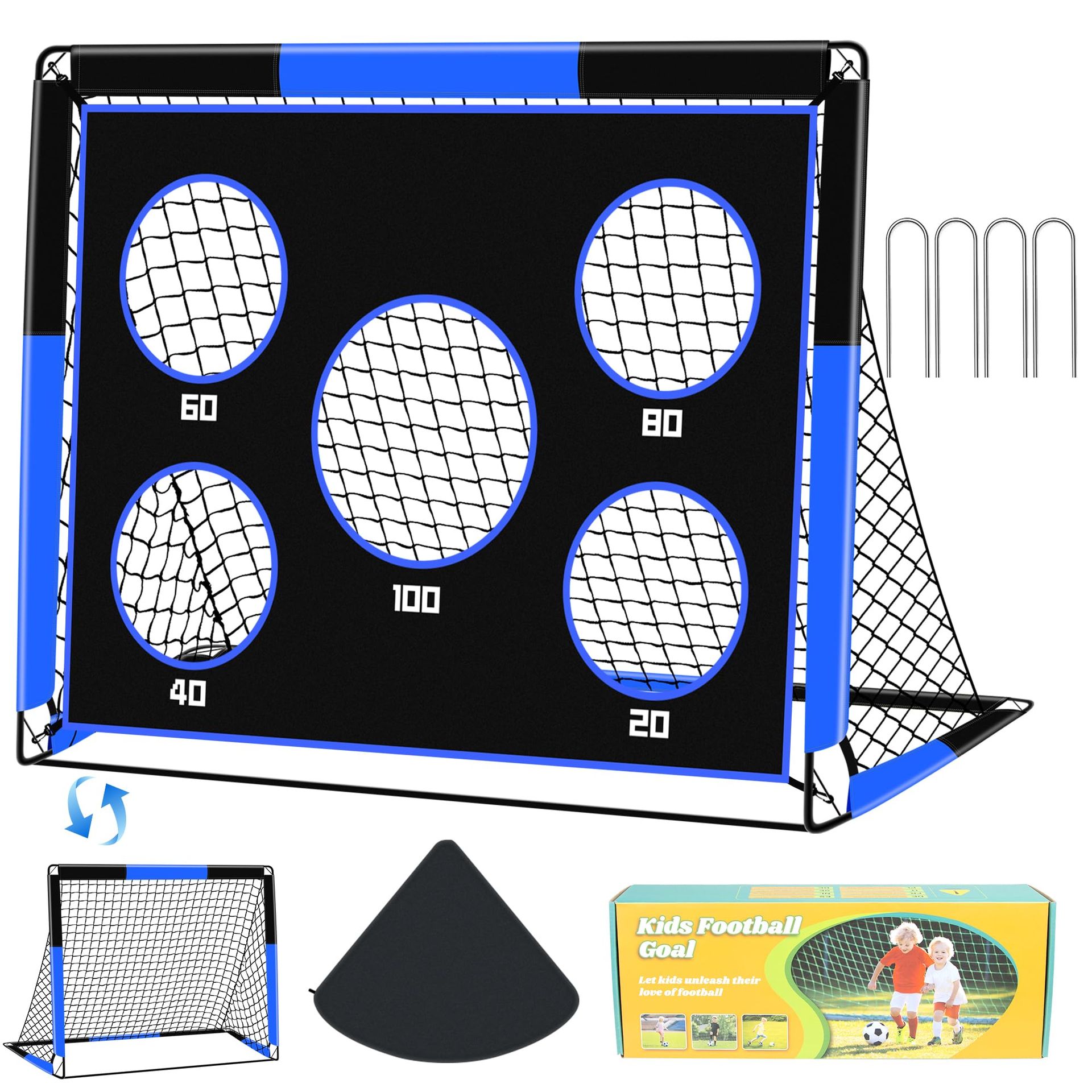 2-in-1 Football Goal for Kids Portable Foldable Soccer Training Net with 5 Target Ranges and Carry Bag - Blue 120x90x90cm