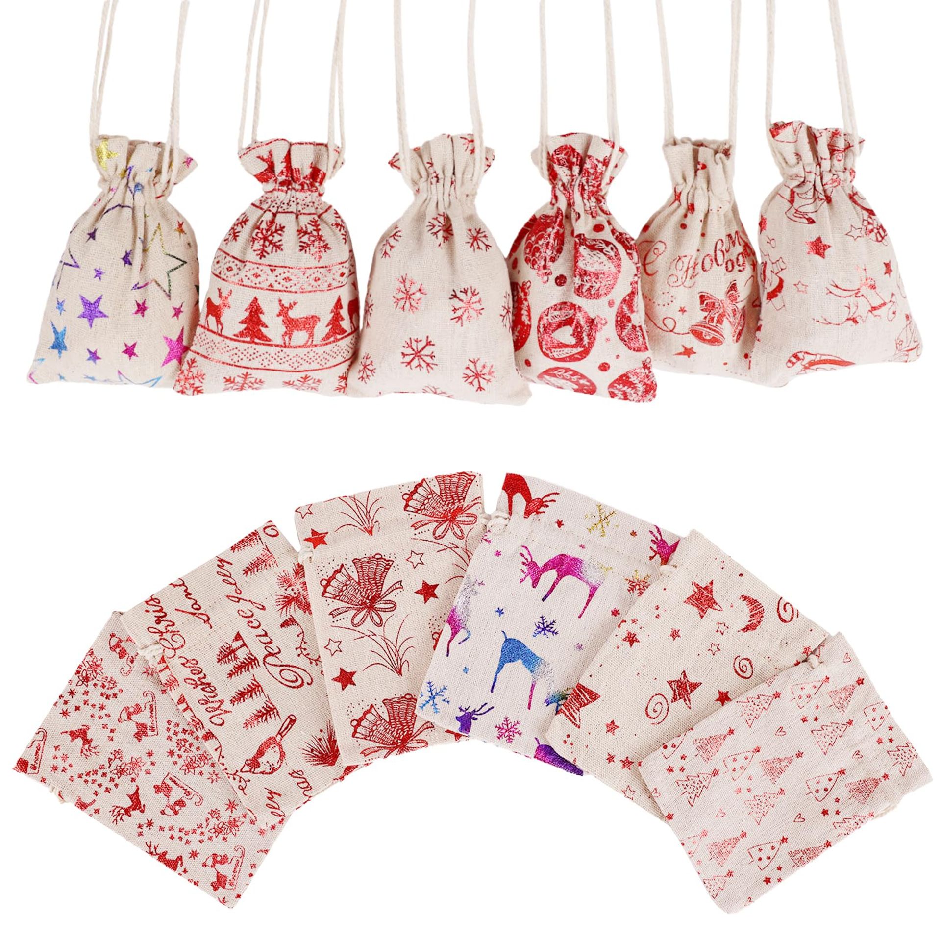 24pcs Christmas Burlap Gift Bags - Small Candy Jute Linen Drawstring Sack Pouch With Tags for Party Supplies and Xmas Favors