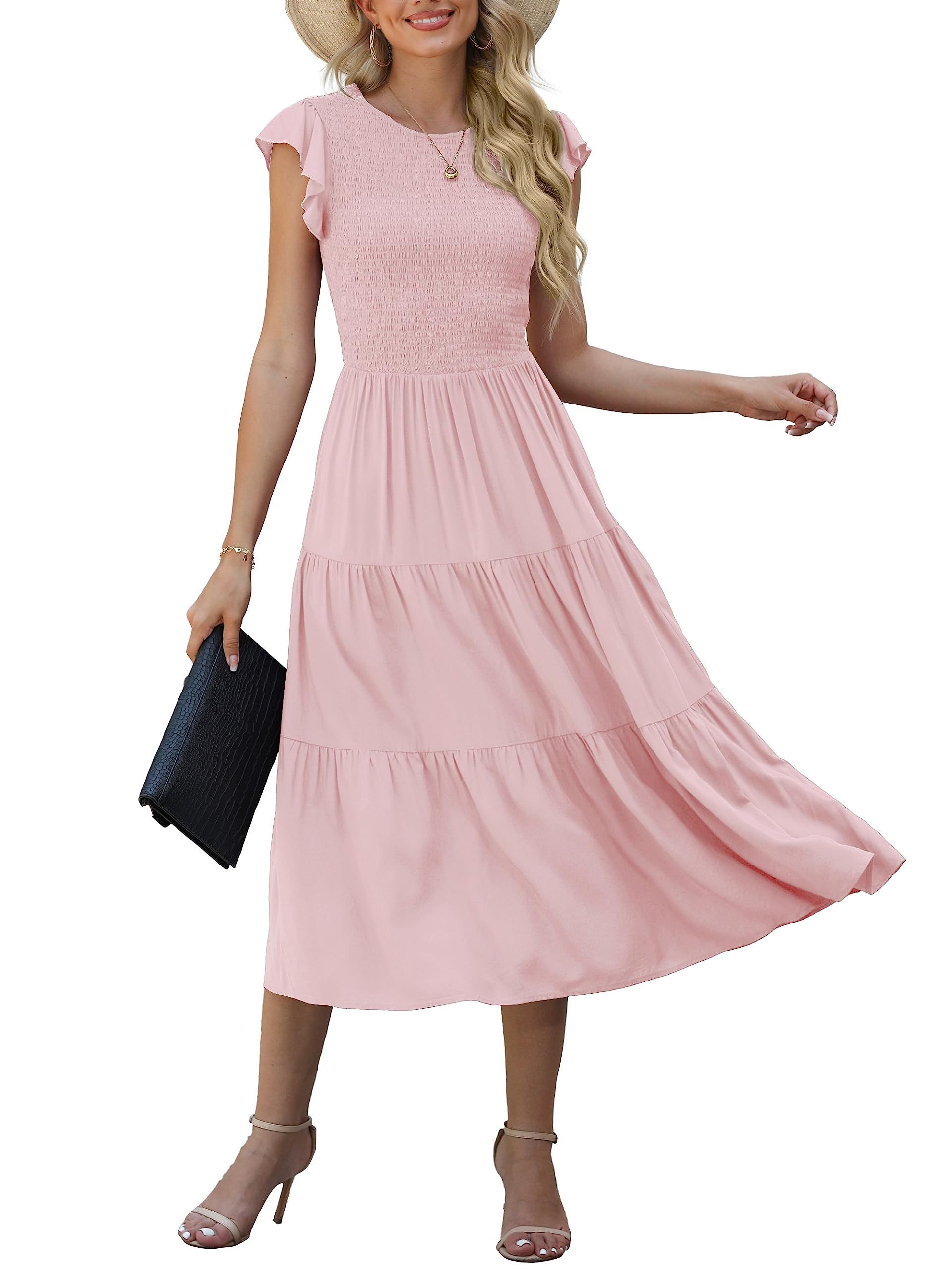 Women's Summer Maxi Dress Smocked Ruffle Sleeves Elastic Waist Crew Neck Tiered Style - Pink XL