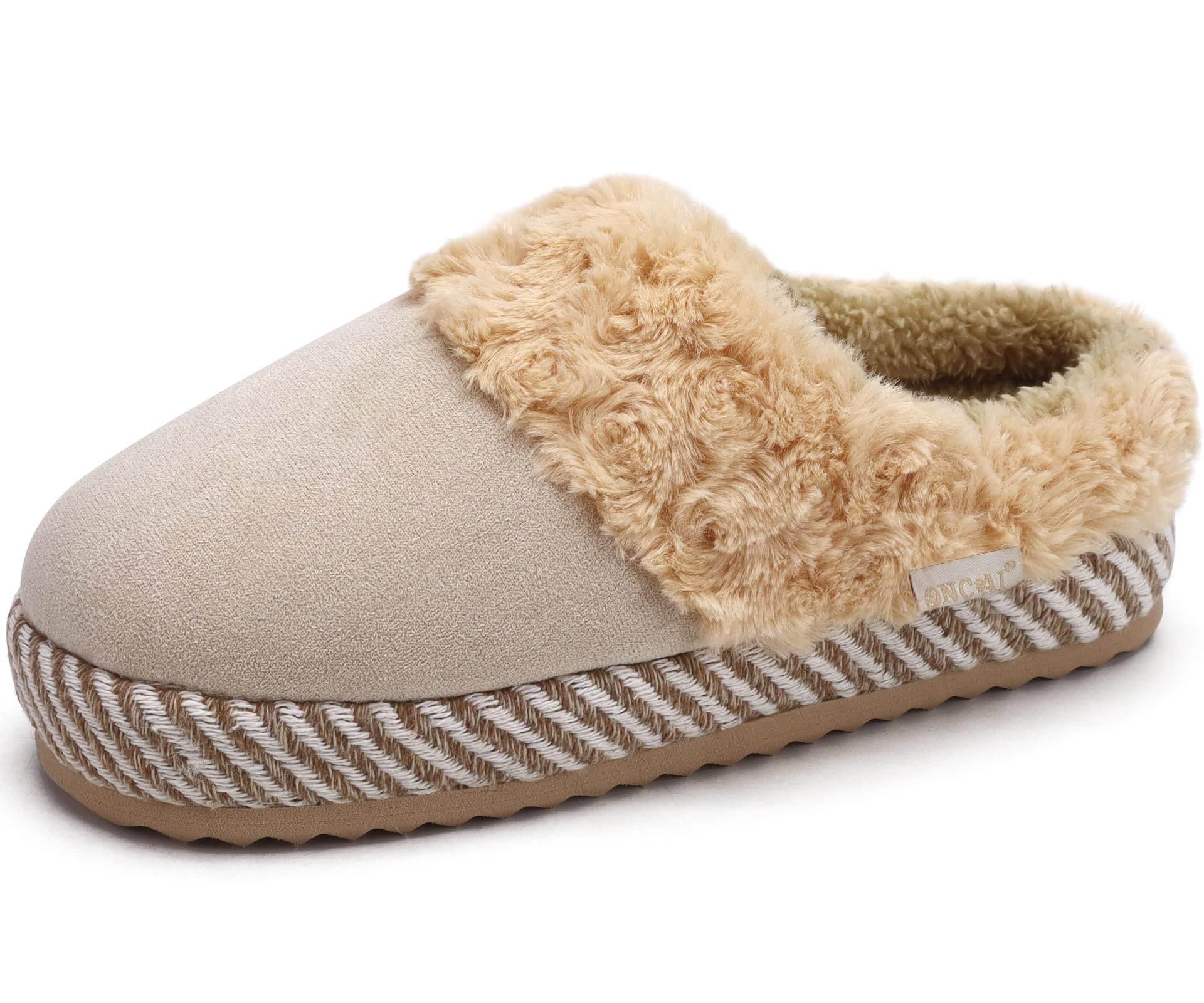 Women's Faux Fur Slippers with Cushioned Yoga Mat Insole & Rubber Sole Indoor/Outdoor - Beige Khaki Size 8 UK