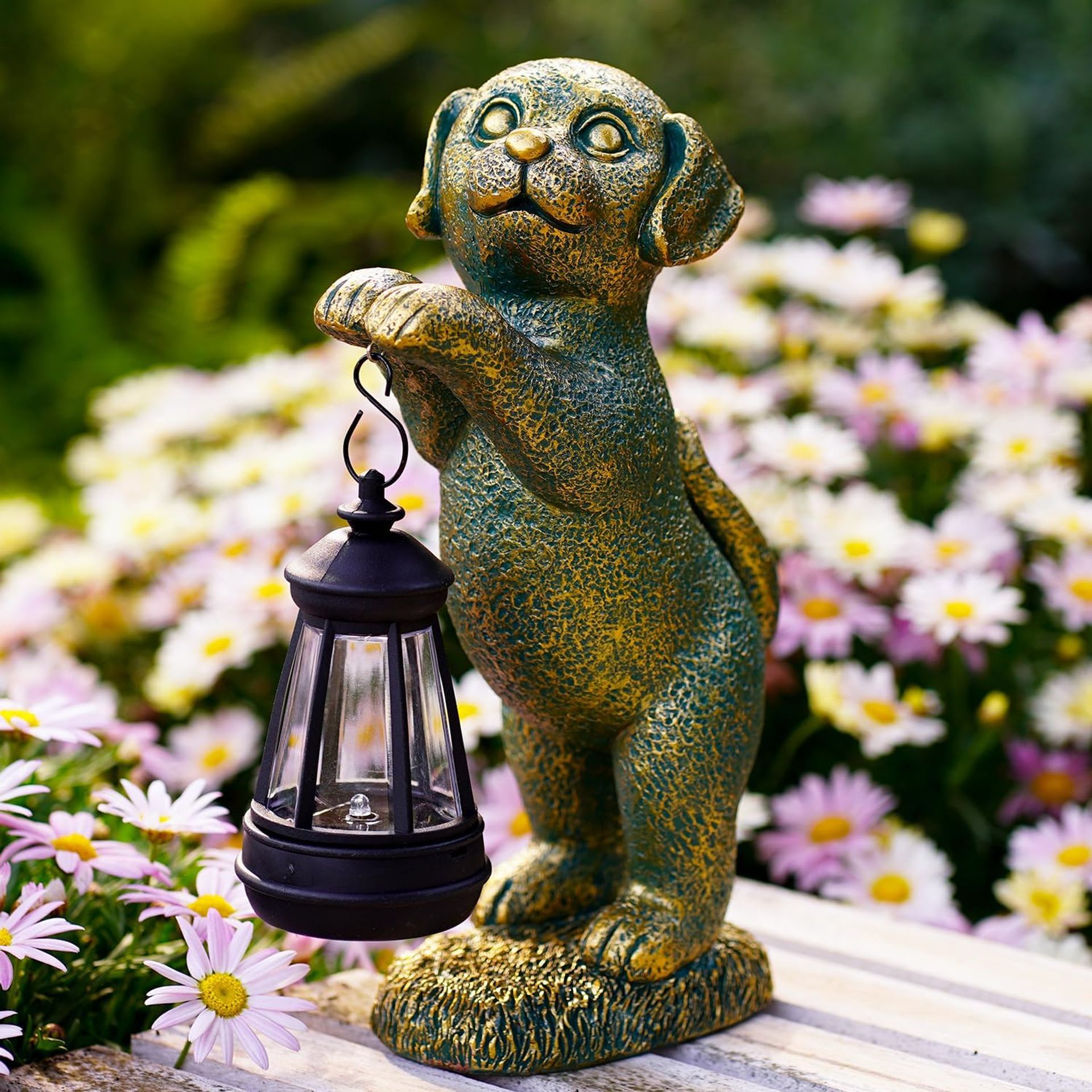 Solar Garden Statue Dog Figurine with LED Light for Patio, Lawn and Yard Décor - Copper Patina Dog