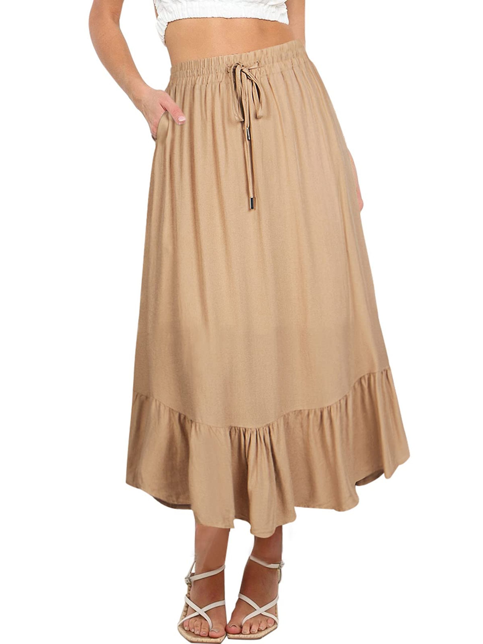 Women's High Waist Maxi Skirt with Pockets, Stretch A-Line Design, Khaki M
