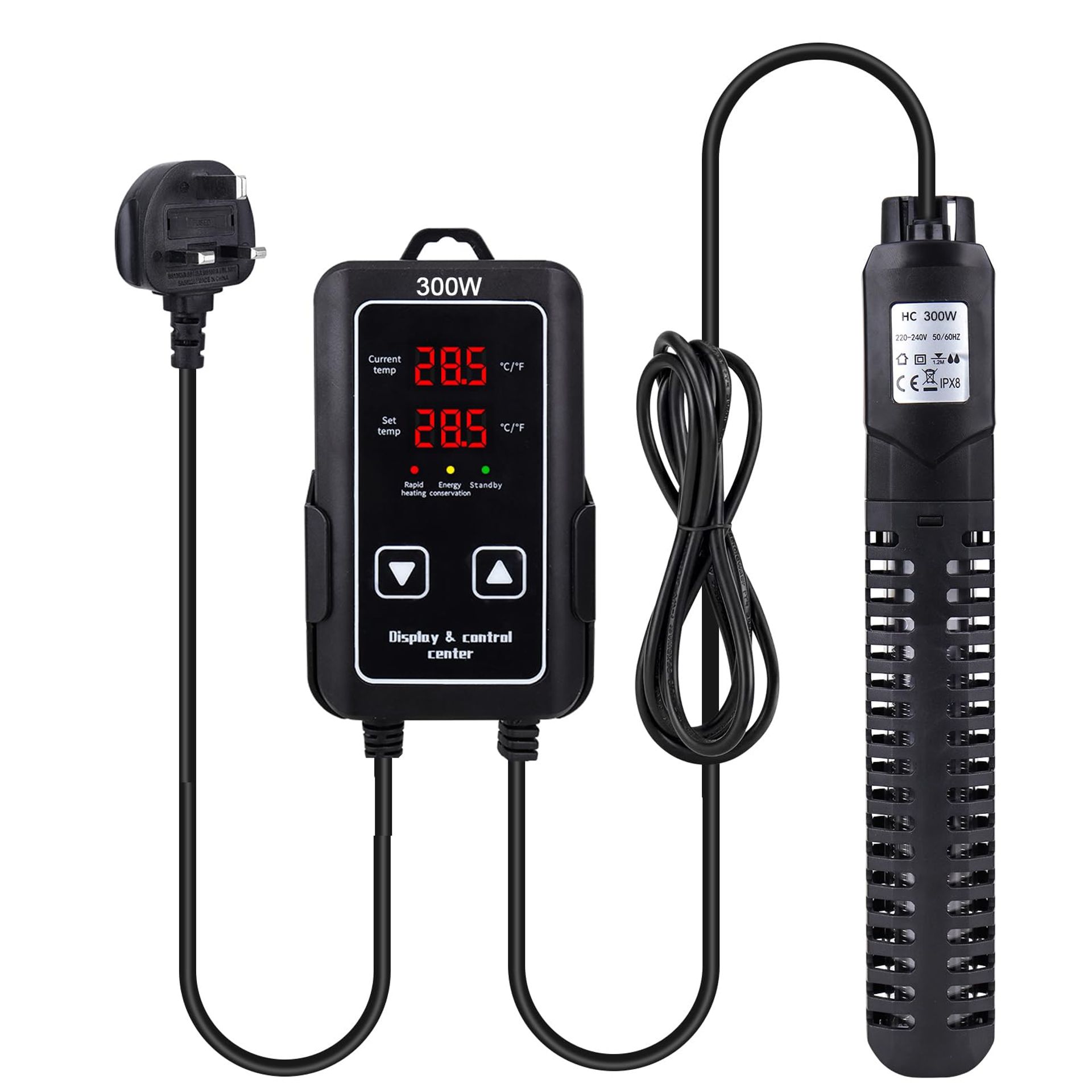 Aquarium Heater 300W Submersible with External LED Temperature Controller & Overheat Protection for Fish Tanks up to 250L - Black-B 300W