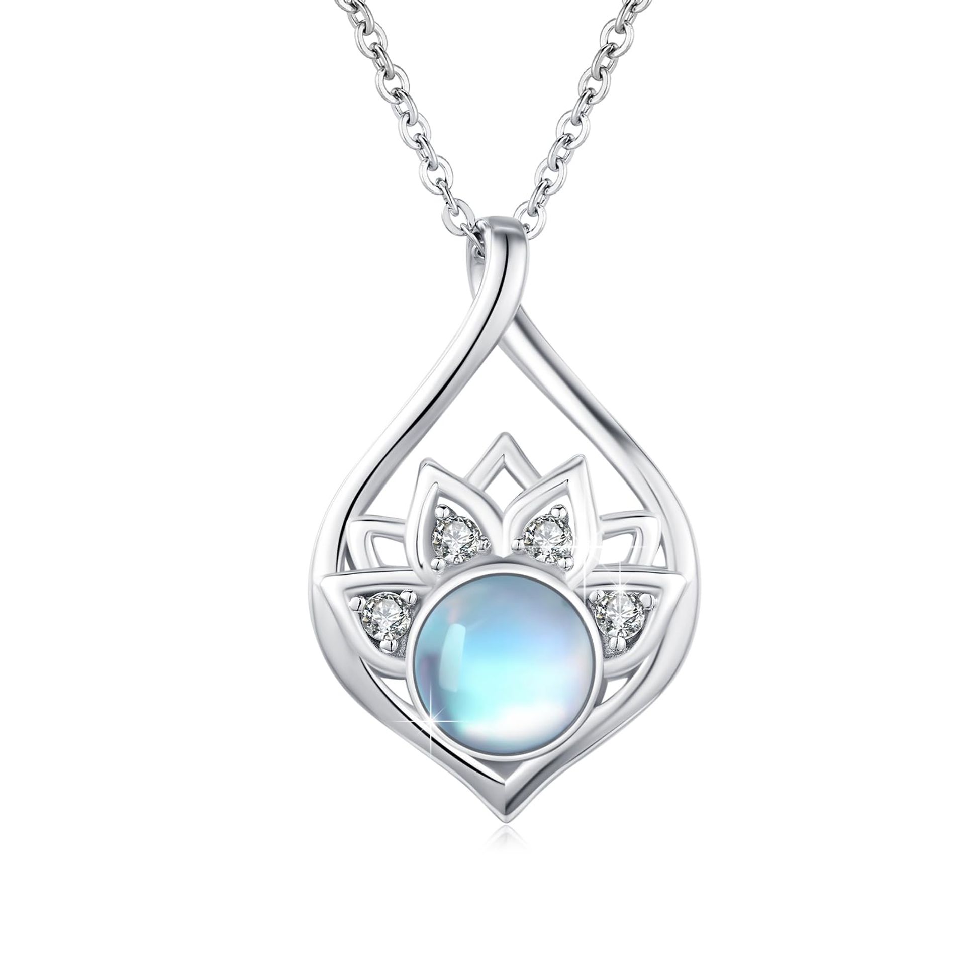 Lotus Moonstone Necklace 925 Sterling Silver Pendant for Women Yoga Gift Jewellery - Silver