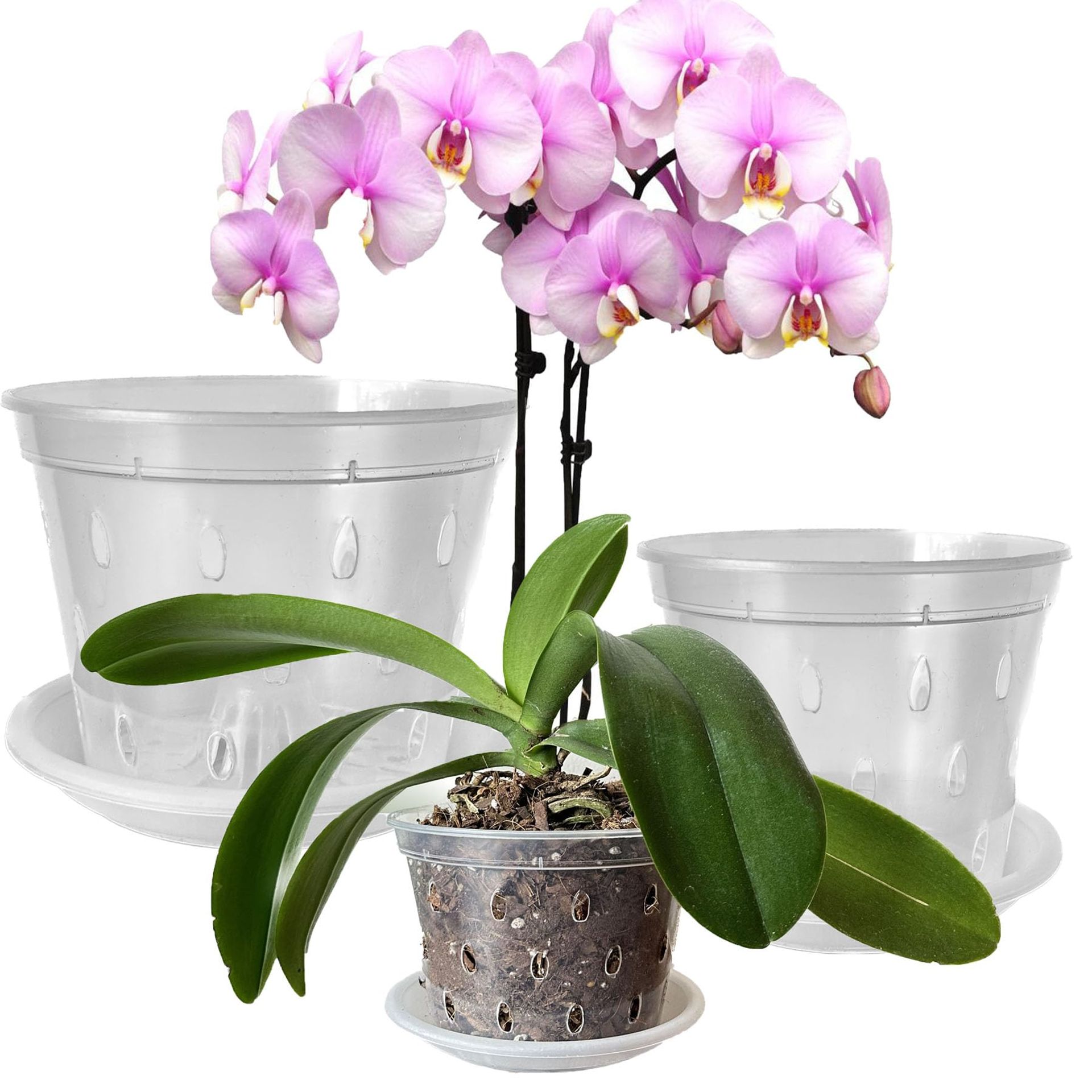 Clear Plastic Orchid Pots with Holes and Matching Saucers for Indoor and Outdoor Plant Repotting, Set of 9 Nursery Flower Pots - Clear 3 Each of 11cm,14cm,17cm
