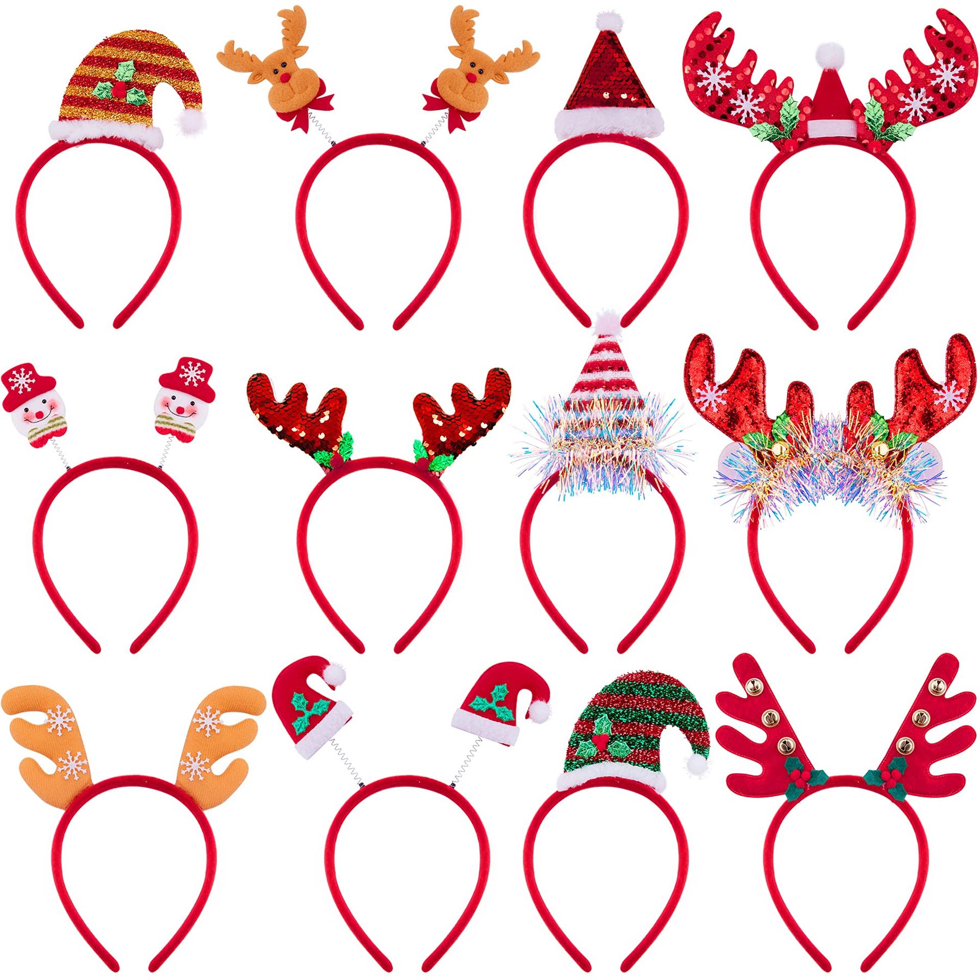 12 Pieces Christmas Headbands Set - Reindeer, Antler, Xmas Tree Designs for Festive Parties