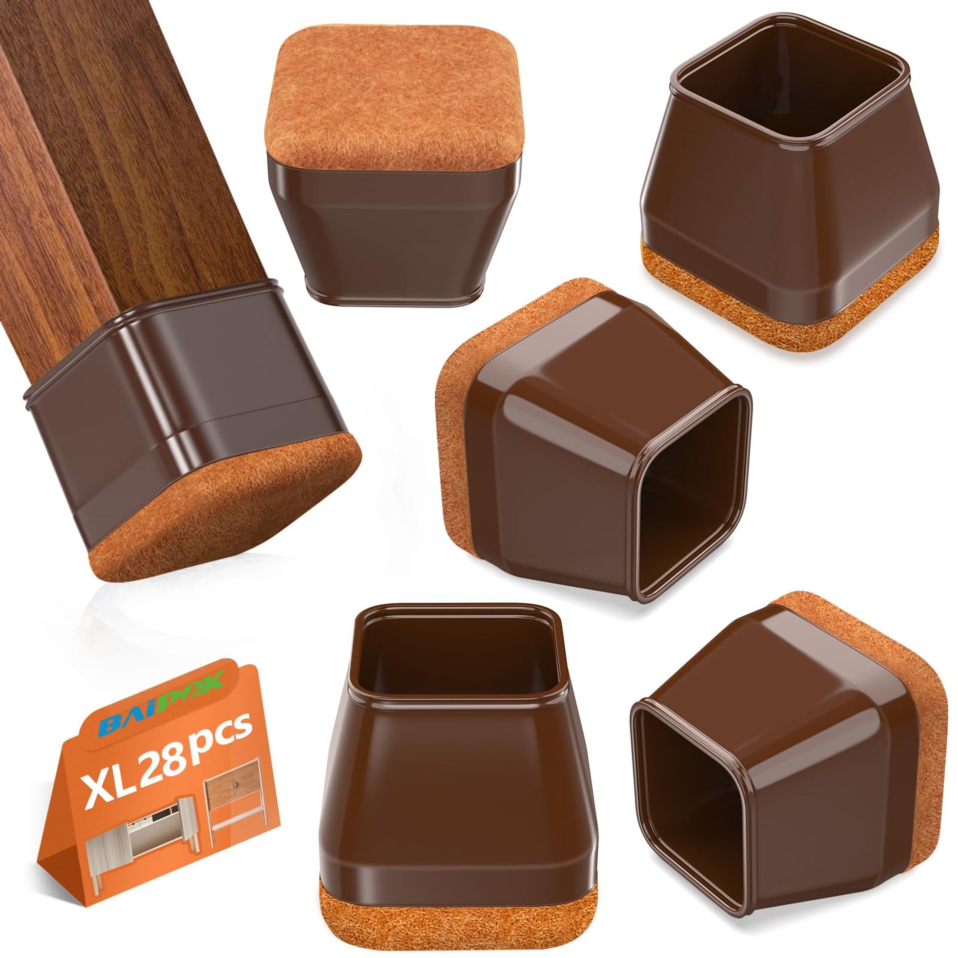 Chair Leg Floor Protectors 28 Pack Silicone Furniture Feet Covers with Felt Pads for Hardwood Floors - Brown XL